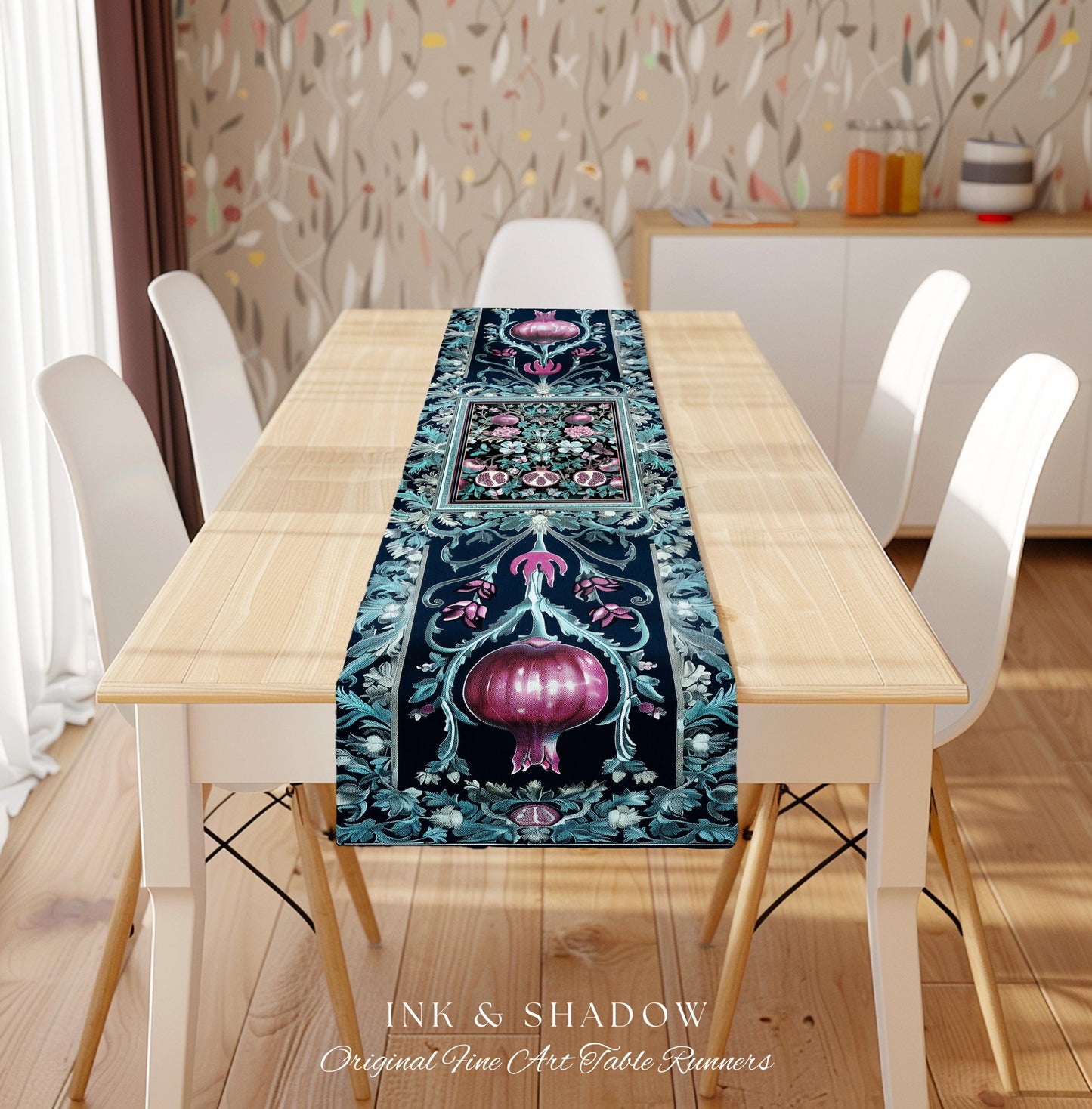 Bohemian Art Nouveau Style Mystic Fairy Grunge Forestcore Pomegranate Table Runner, Ethereal Woodland Floral Botanical Butterfly Dining Room