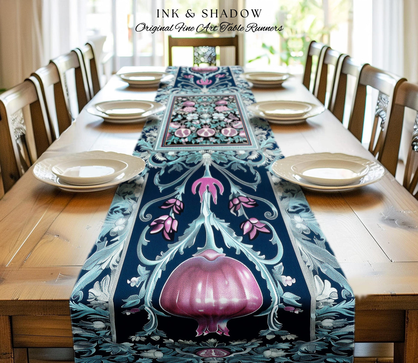 Bohemian Art Nouveau Style Mystic Fairy Grunge Forestcore Pomegranate Table Runner, Ethereal Woodland Floral Botanical Butterfly Dining Room