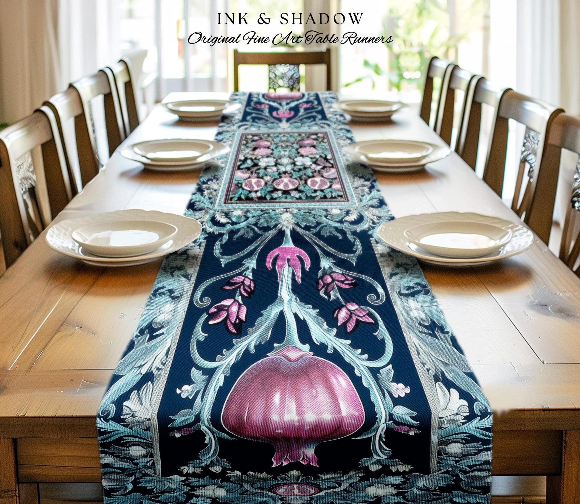 Bohemian Art Nouveau Style Mystic Fairy Grunge Forestcore Pomegranate Table Runner, Ethereal Woodland Floral Botanical Butterfly Dining Room