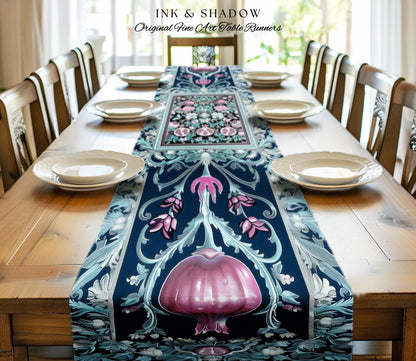 Bohemian Art Nouveau Style Mystic Fairy Grunge Forestcore Pomegranate Table Runner, Ethereal Woodland Floral Botanical Butterfly Dining Room