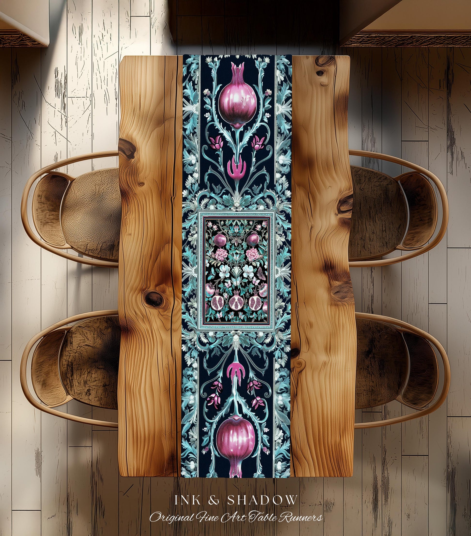 Bohemian Art Nouveau Style Mystic Fairy Grunge Forestcore Pomegranate Table Runner, Ethereal Woodland Floral Botanical Butterfly Dining Room