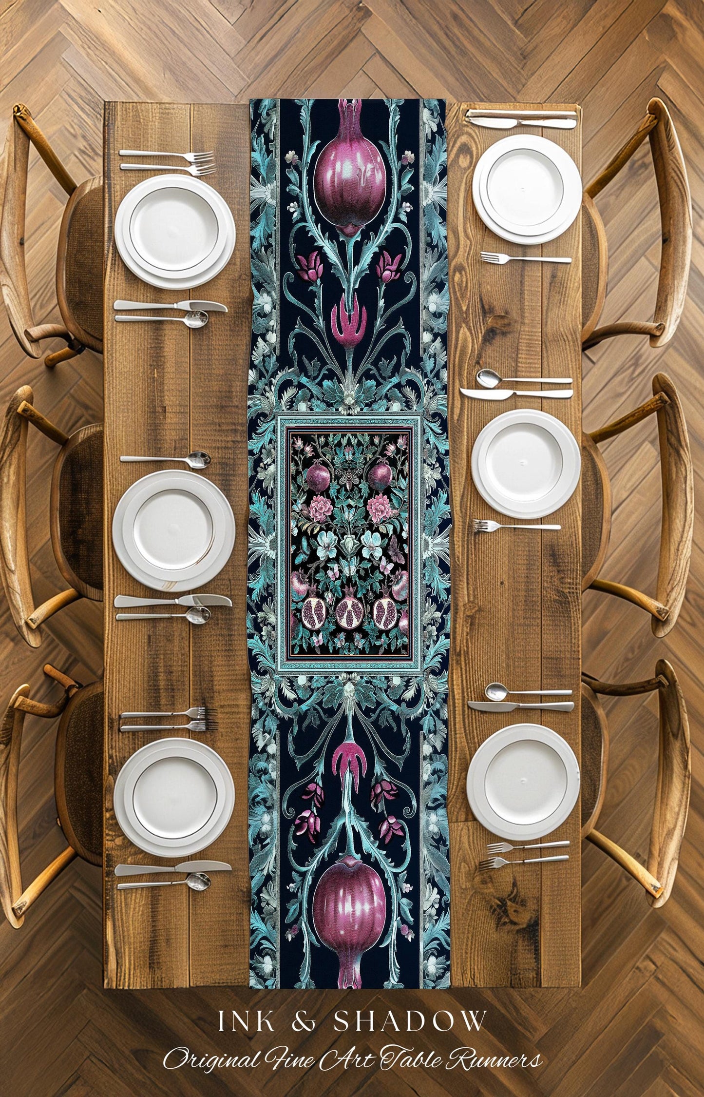 Bohemian Art Nouveau Style Mystic Fairy Grunge Forestcore Pomegranate Table Runner, Ethereal Woodland Floral Botanical Butterfly Dining Room