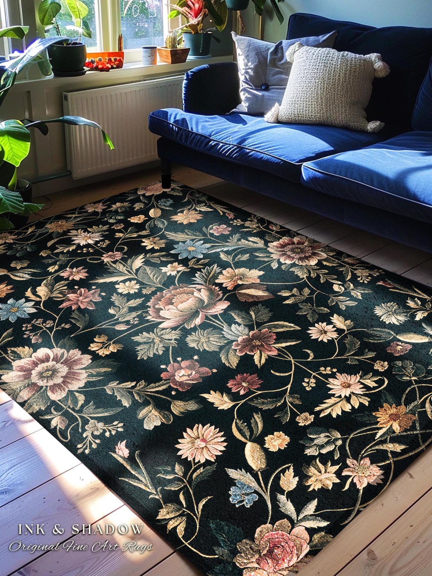 Dark Victorian Aesthetic Rug | Ethereal Gothic Livingroom Decor Ornate Home Decor Whimsical Crowcore Rug Dark Academia Witchy Bedroom Floral