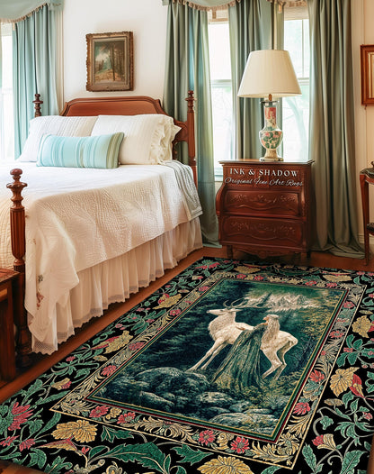 May include: A black and green area rug with a floral border. The center of the rug features a dark green forest scene with a woman and two white deer. The text "INK & SHADOW Original Fine Art Rugs" is visible in the upper right corner of the image.
