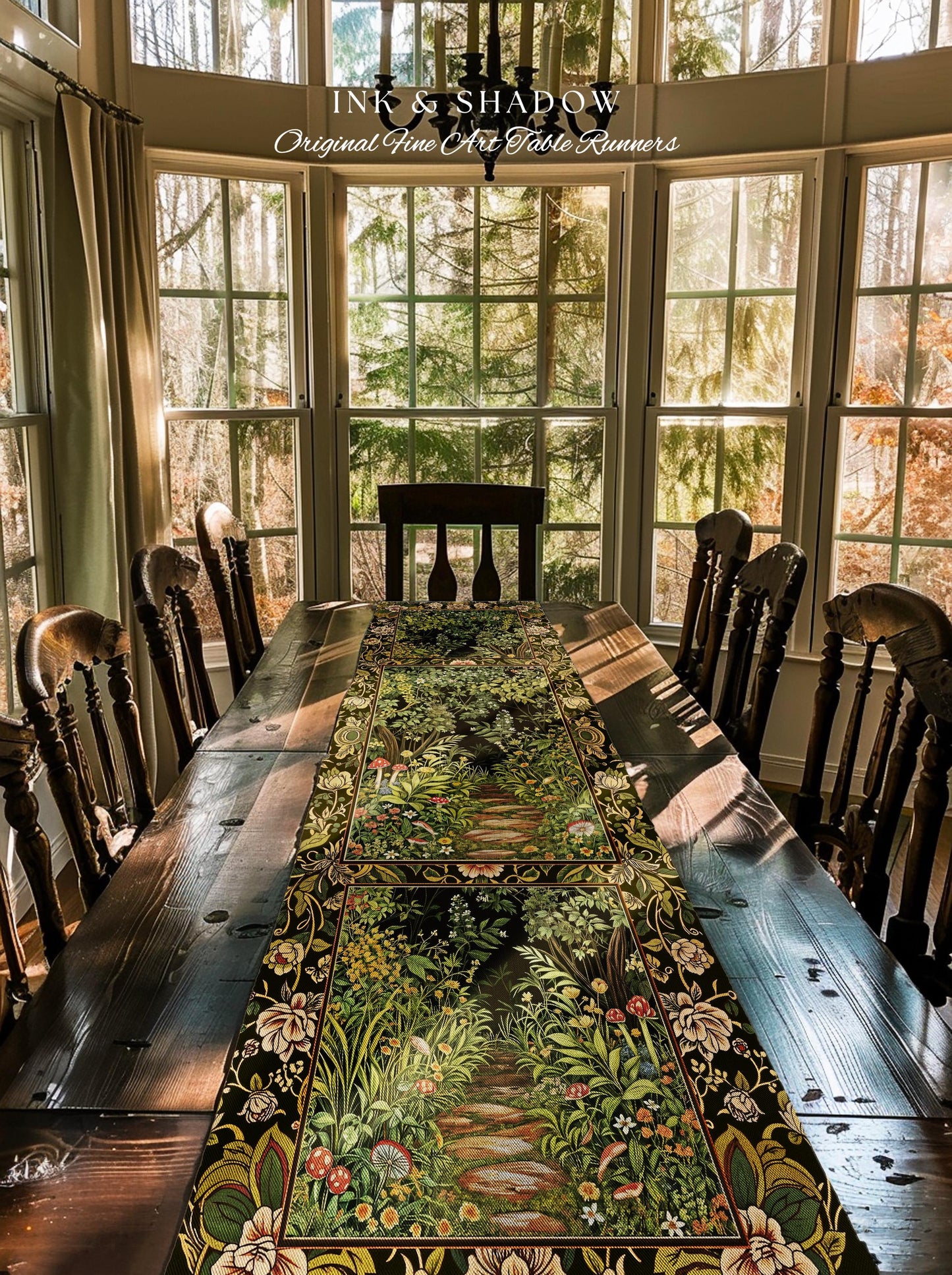 Toadstool Forest Mystical Mushroom Table Runner | Dark Academia Folklore Forest Inspired Fairycore Botanical Aesthetic Magical Medieval Boho