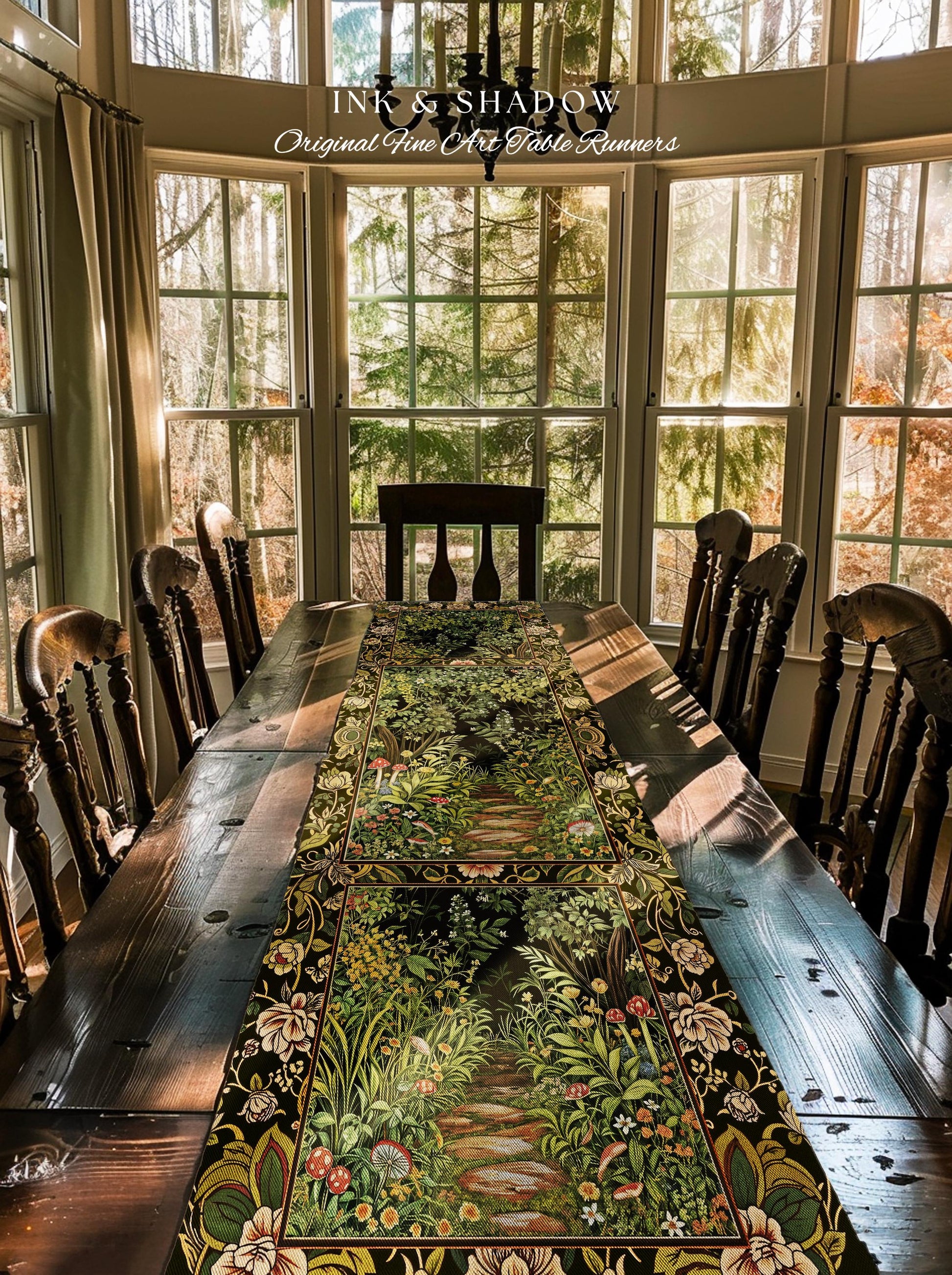 Toadstool Forest Mystical Mushroom Table Runner | Dark Academia Folklore Forest Inspired Fairycore Botanical Aesthetic Magical Medieval Boho