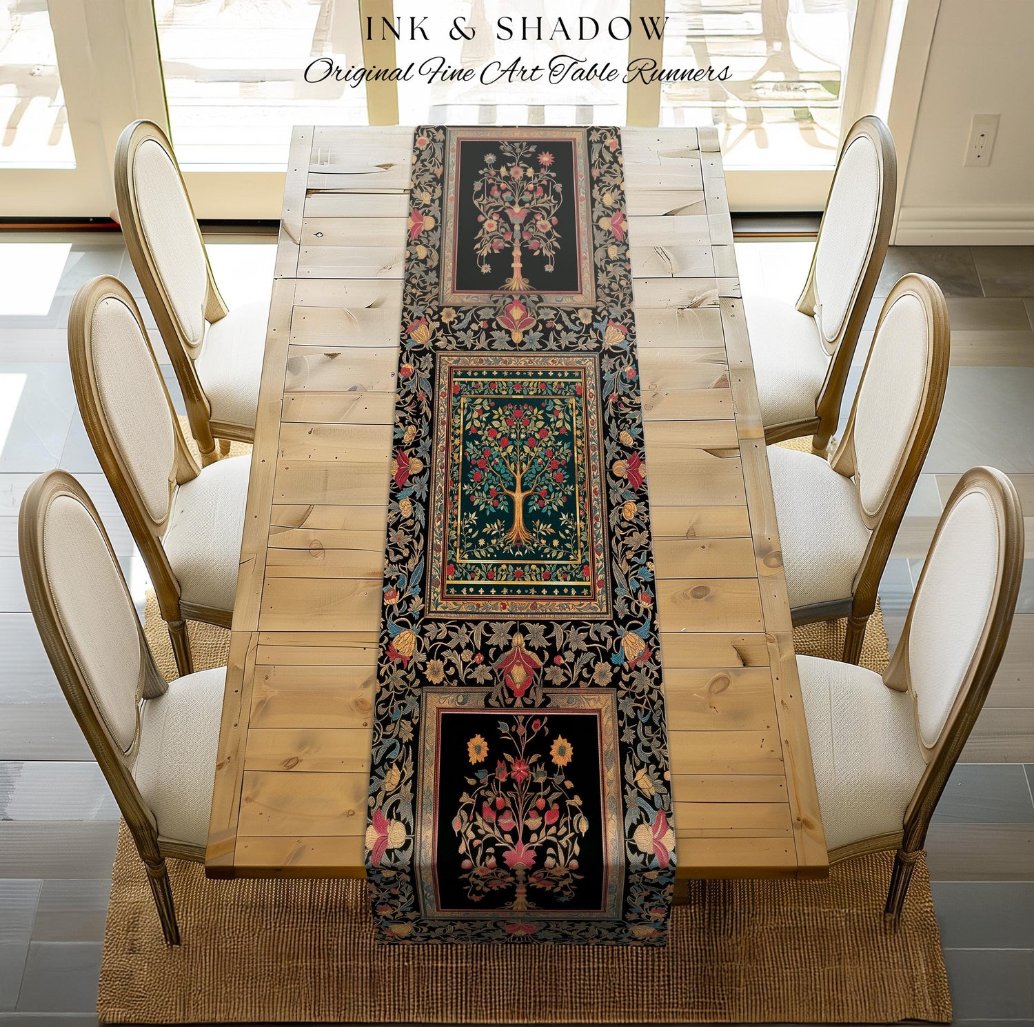 Blooming Roses Romantic Rococo Table Runner | Vintage Botanical Accent Ornate Border Victorian Folk Art Medieval Maximalist Dining Room Art