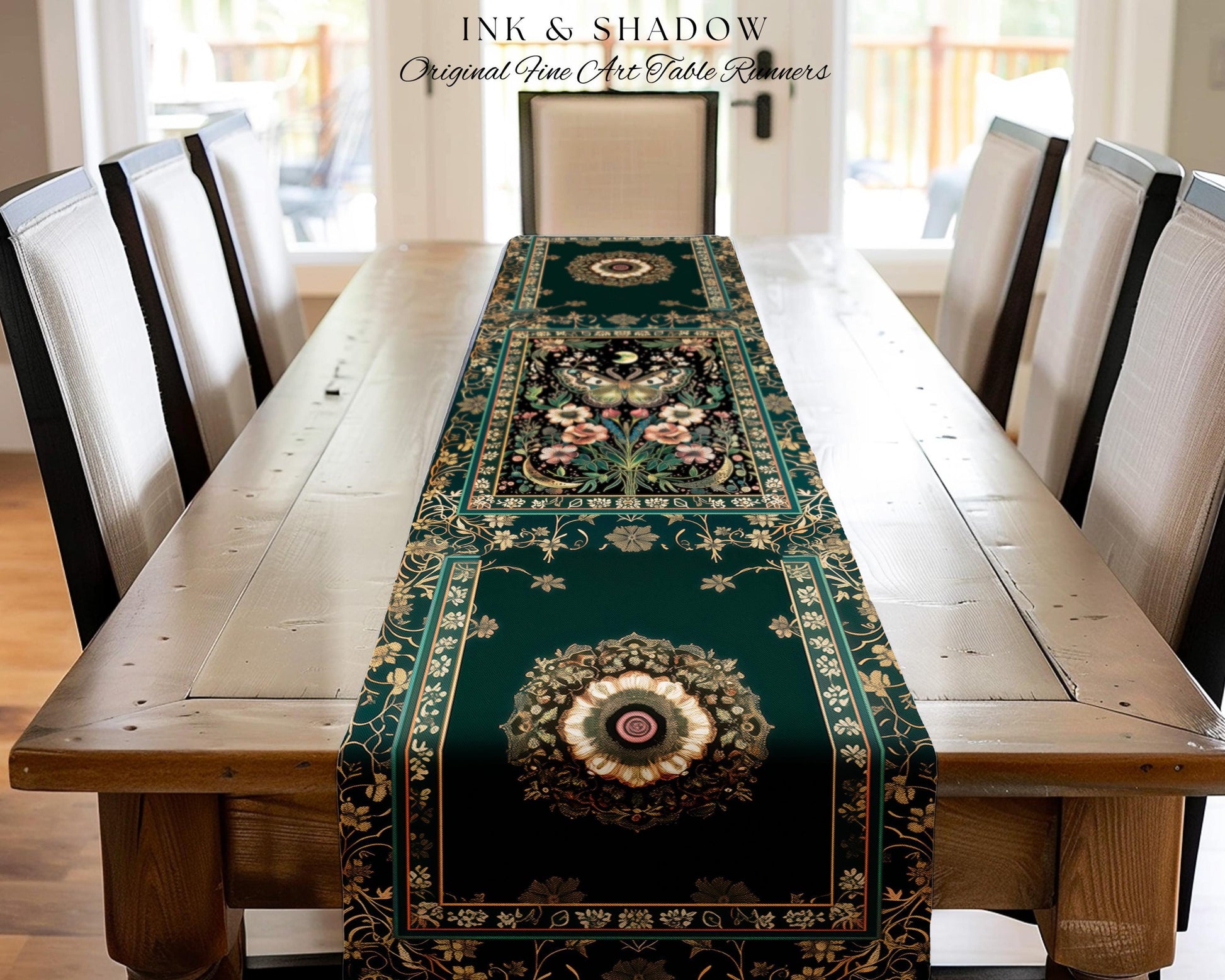 Ethereal Moth Table Runner Witchy Aesthetic Room Decor, Gothic Whimsical Occult Whimsigothic Wildflower Butterfly Fairycore Dining Room Boho