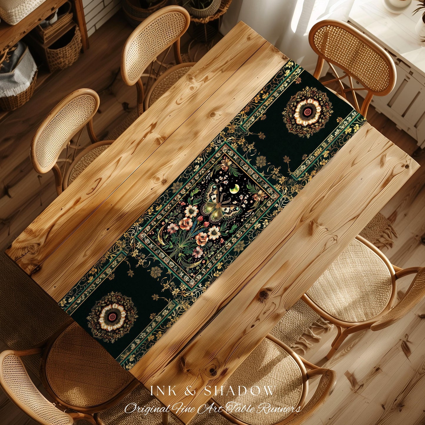 Ethereal Moth Table Runner Witchy Aesthetic Room Decor, Gothic Whimsical Occult Whimsigothic Wildflower Butterfly Fairycore Dining Room Boho