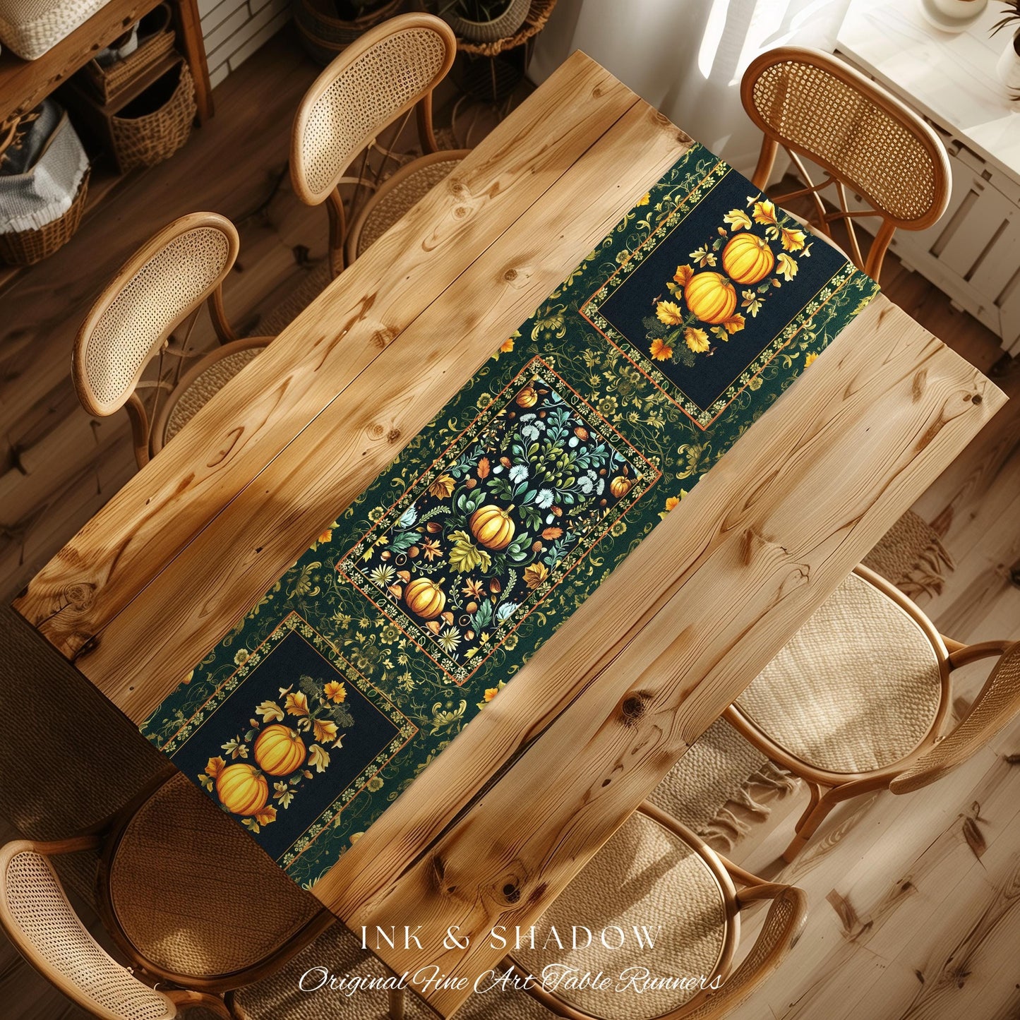 Dark Botanical Pumpkin Table Runner Gothic Decor Autumn Aesthetic | Cozy Cottagecore Rustic Fall Charm Whimsical Pumpkin Vintage Vibes Style