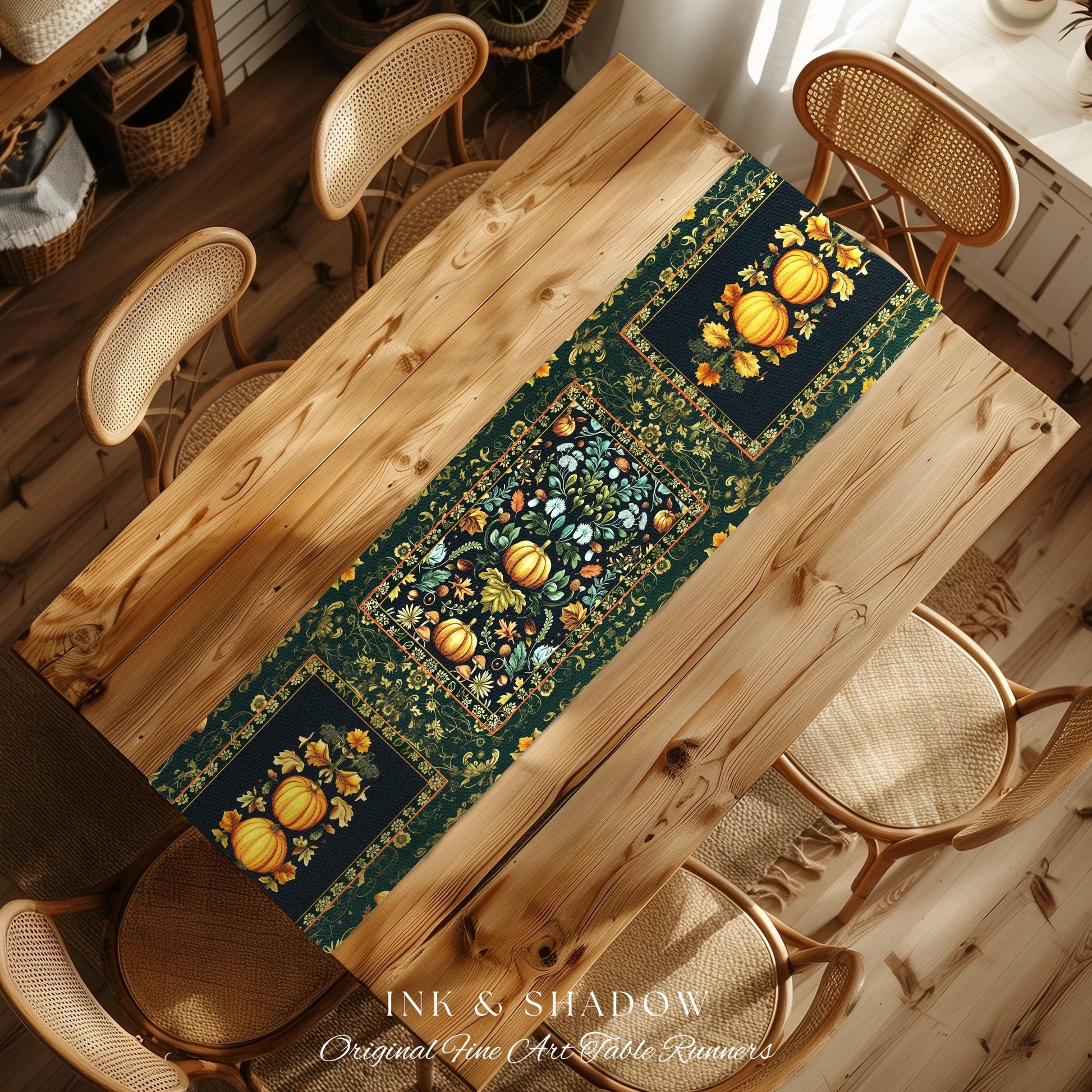 Dark Botanical Pumpkin Table Runner Gothic Decor Autumn Aesthetic | Cozy Cottagecore Rustic Fall Charm Whimsical Pumpkin Vintage Vibes Style