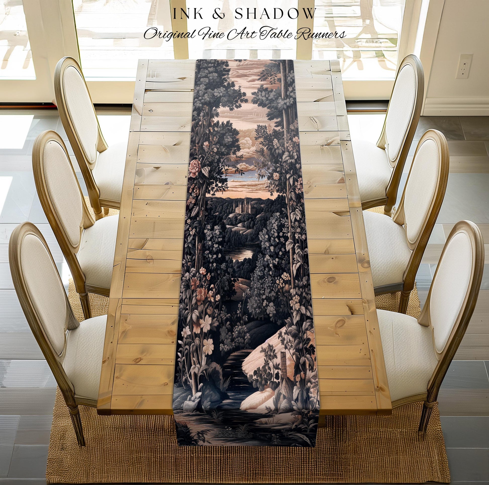 Pastel Fairy Aesthetic Table Runner | Ethereal Woodland Royalcore Rosy Dining Room Botanical Landscape Medieval Princess Housewarming Gifts