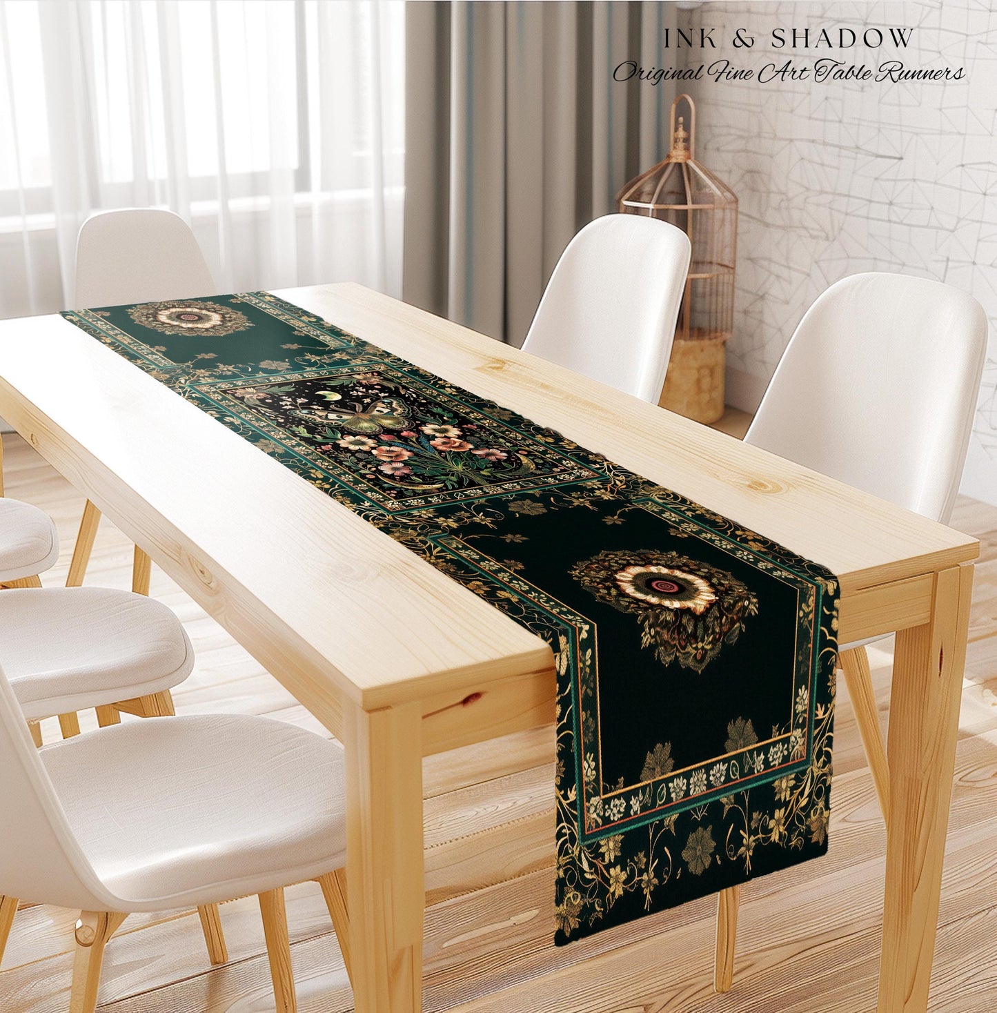 Ethereal Moth Table Runner Witchy Aesthetic Room Decor, Gothic Whimsical Occult Whimsigothic Wildflower Butterfly Fairycore Dining Room Boho