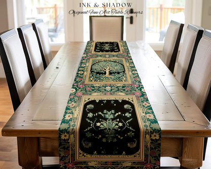 Forest Green Heritage Tree Table Runner | Lush Botanical Dining Room Crimson Floral Border Vintage Cottagecore Maximalist Medieval Aesthetic
