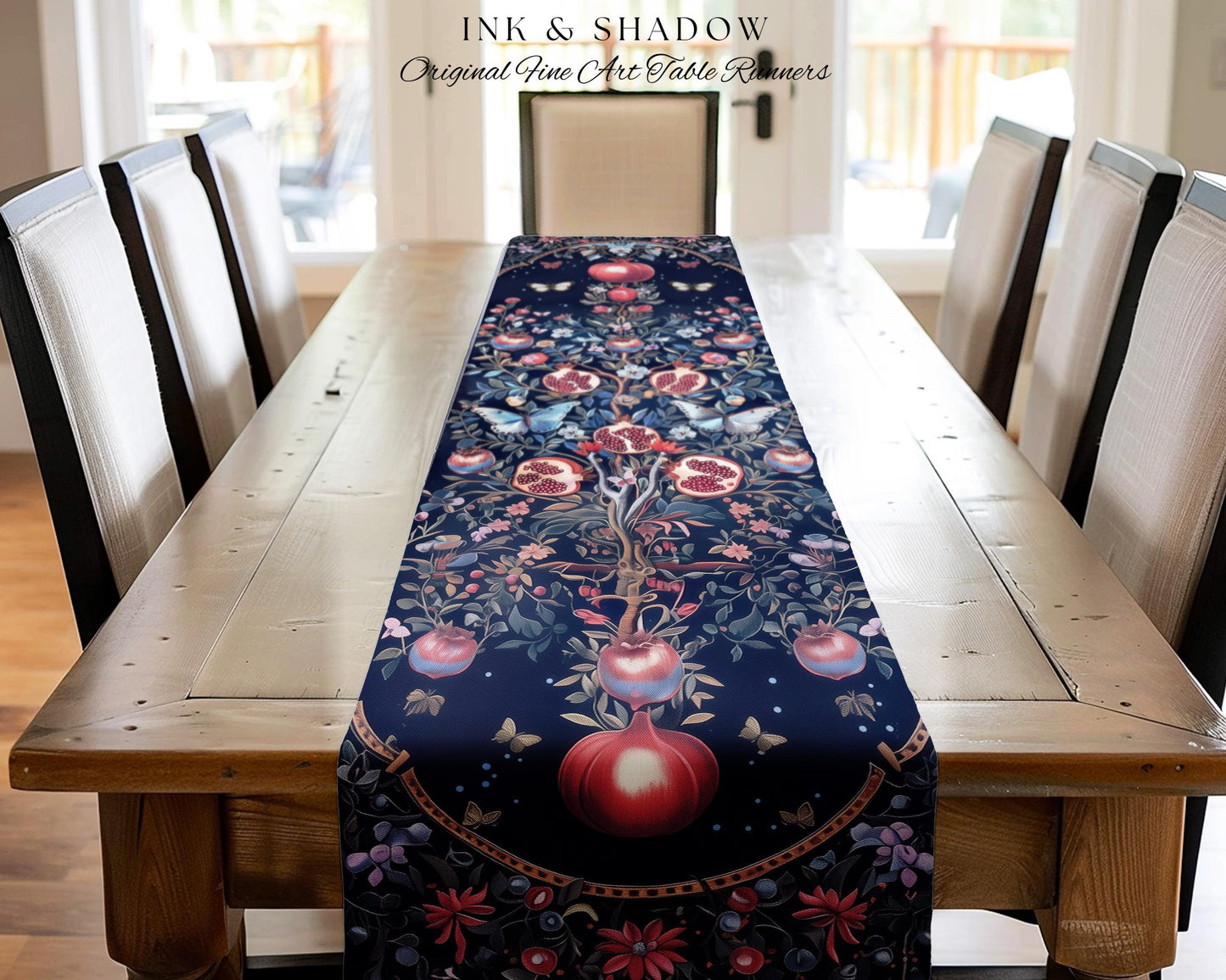 Moody Dark Botanical Pomegranate Art Table Runner Victorian Nouveau Butterfly Aesthetic, Mystic Woodland Whimsigoth Enchanted Forest Florals