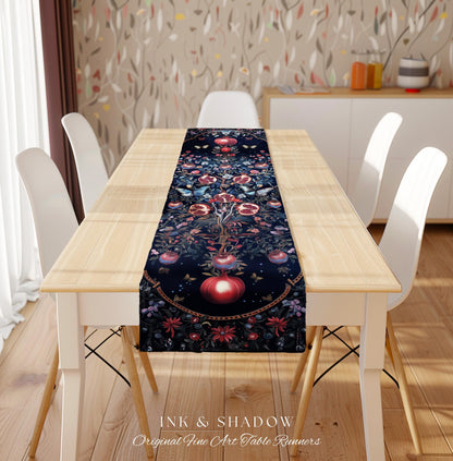 Moody Dark Botanical Pomegranate Art Table Runner Victorian Nouveau Butterfly Aesthetic, Mystic Woodland Whimsigoth Enchanted Forest Florals