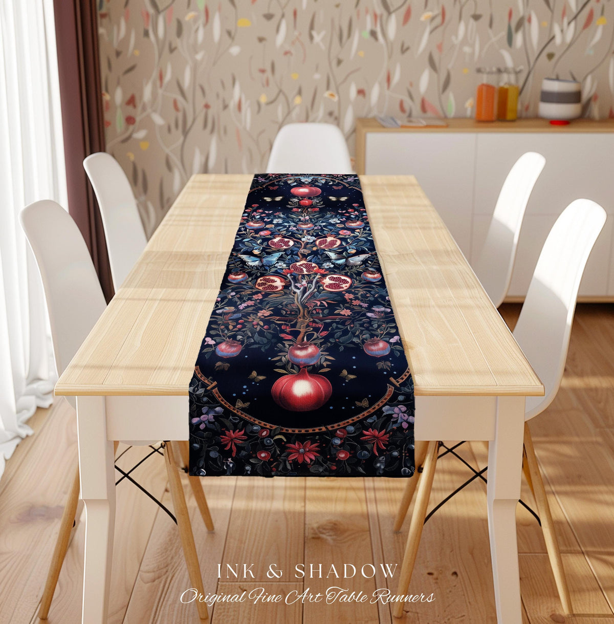 Moody Dark Botanical Pomegranate Art Table Runner Victorian Nouveau Butterfly Aesthetic, Mystic Woodland Whimsigoth Enchanted Forest Florals