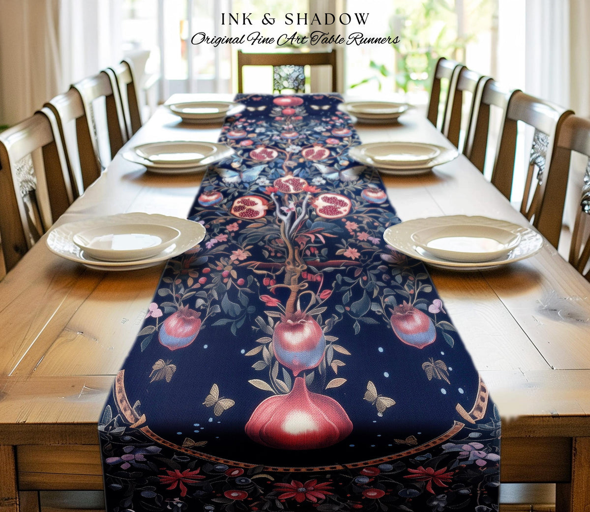 Moody Dark Botanical Pomegranate Art Table Runner Victorian Nouveau Butterfly Aesthetic, Mystic Woodland Whimsigoth Enchanted Forest Florals