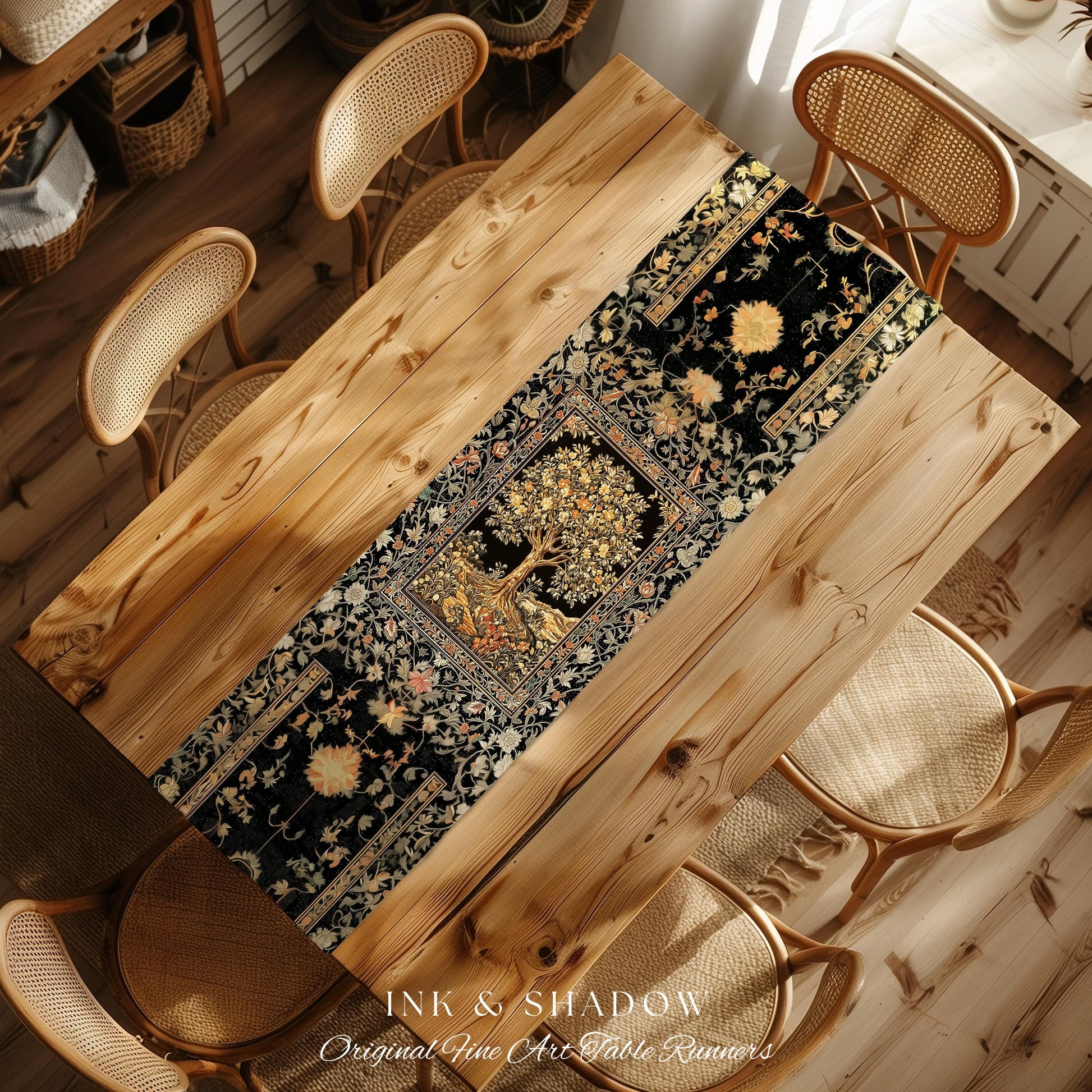 Muted Tones Eclectic Tree of Life Table Runner | Rustic Bohemian Aesthetic Decor Nature Inspired Dining Room Enchanted Cottagecore Fairycore