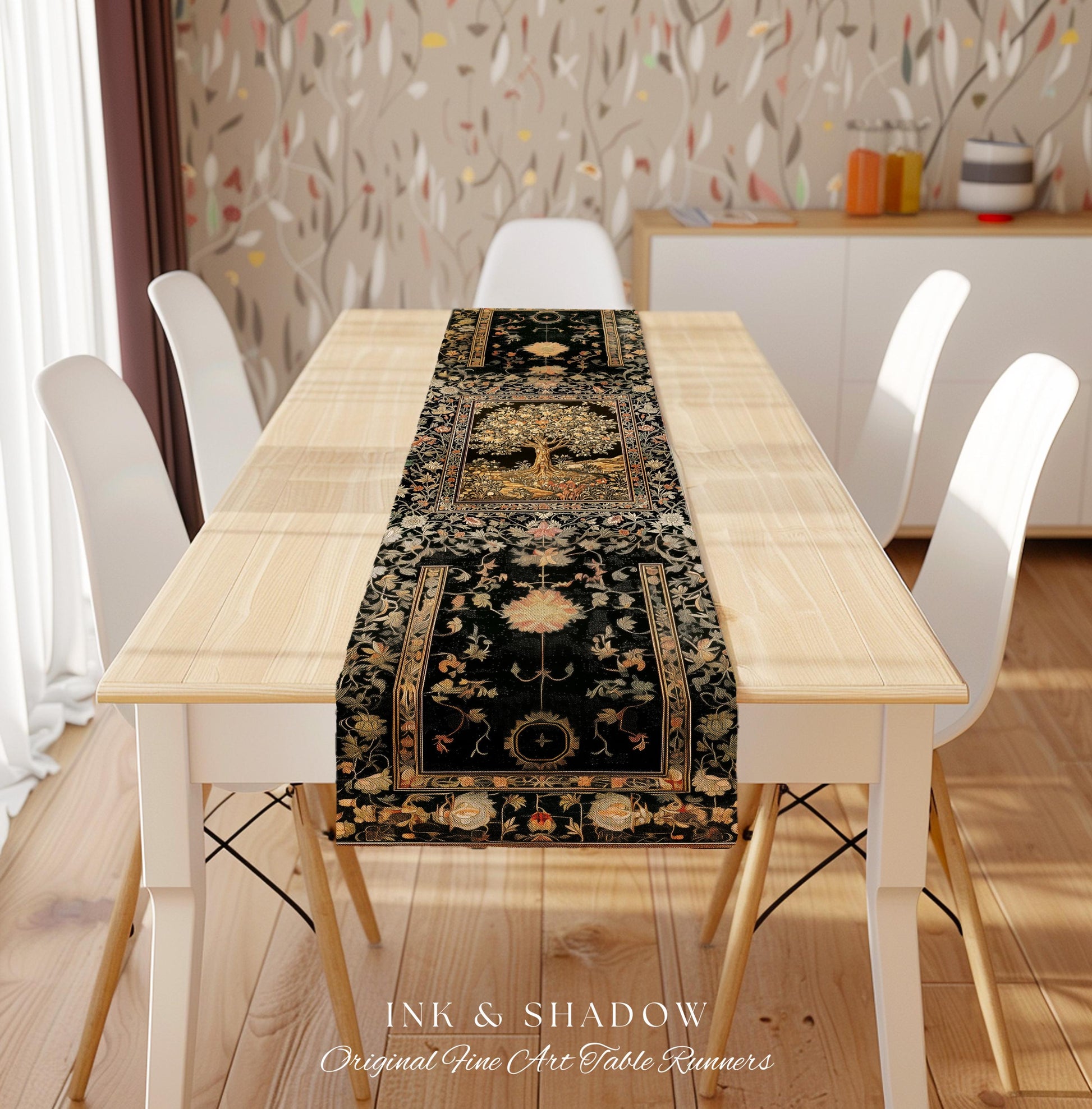 Muted Tones Eclectic Tree of Life Table Runner | Rustic Bohemian Aesthetic Decor Nature Inspired Dining Room Enchanted Cottagecore Fairycore