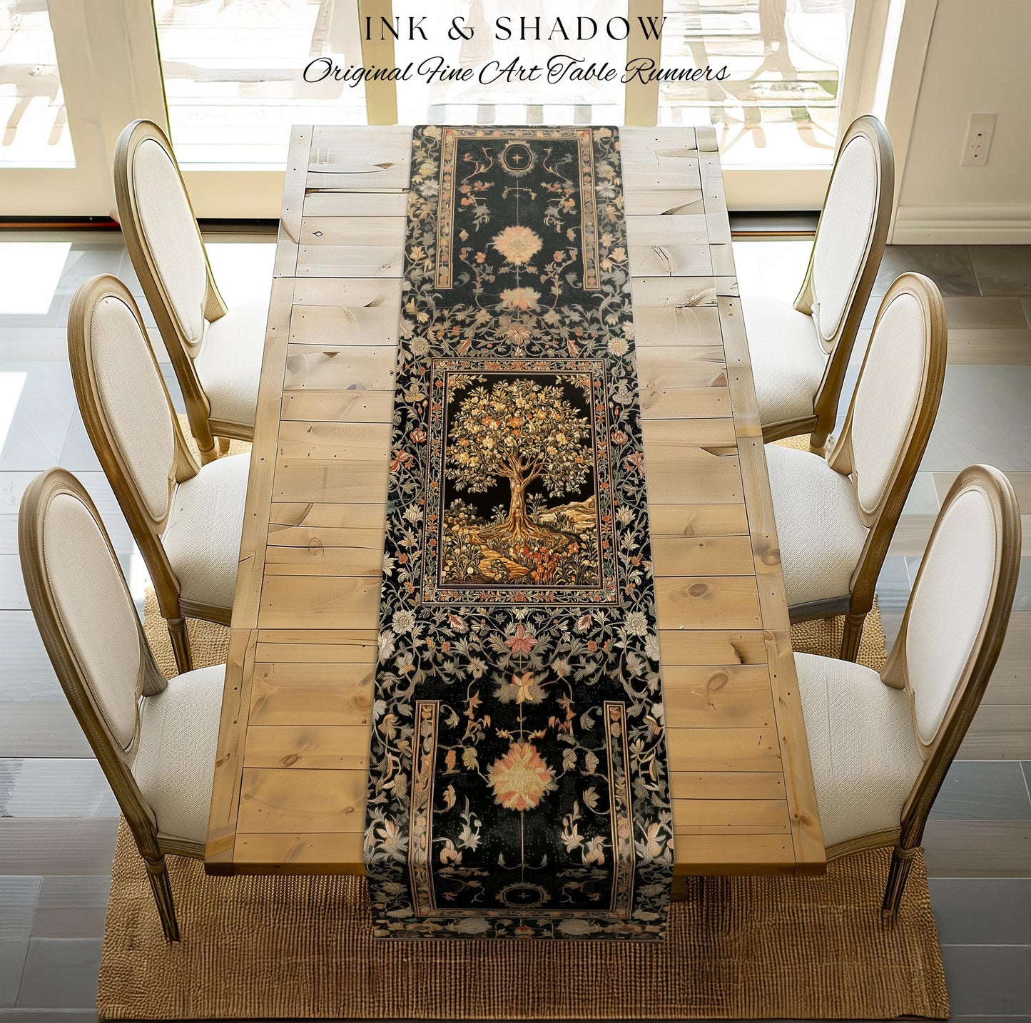 Muted Tones Eclectic Tree of Life Table Runner | Rustic Bohemian Aesthetic Decor Nature Inspired Dining Room Enchanted Cottagecore Fairycore