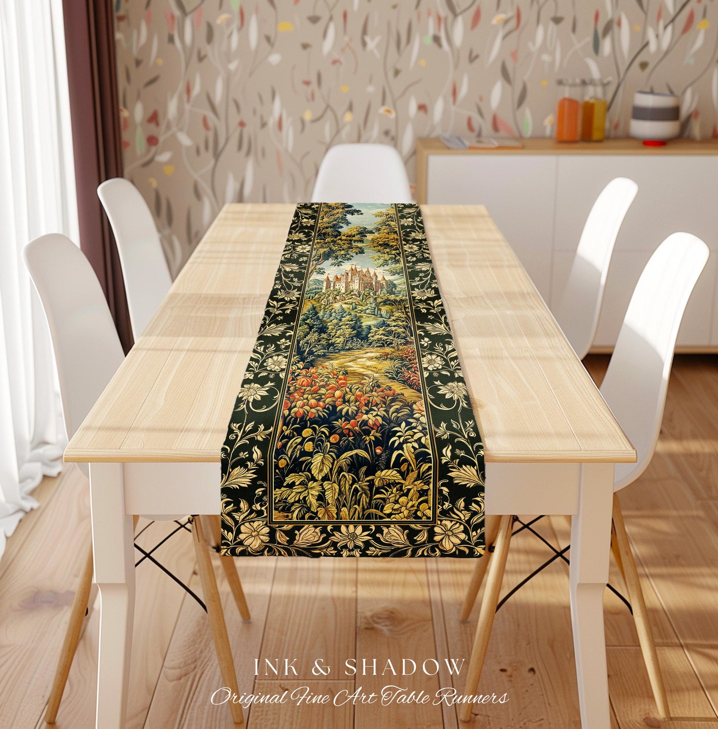 Mystic Castle Book Nook Table Runner Ethereal Fairycore Folklore Aesthetic | Magical Woodland Botanical Linens Dark Academia Indie Decor |