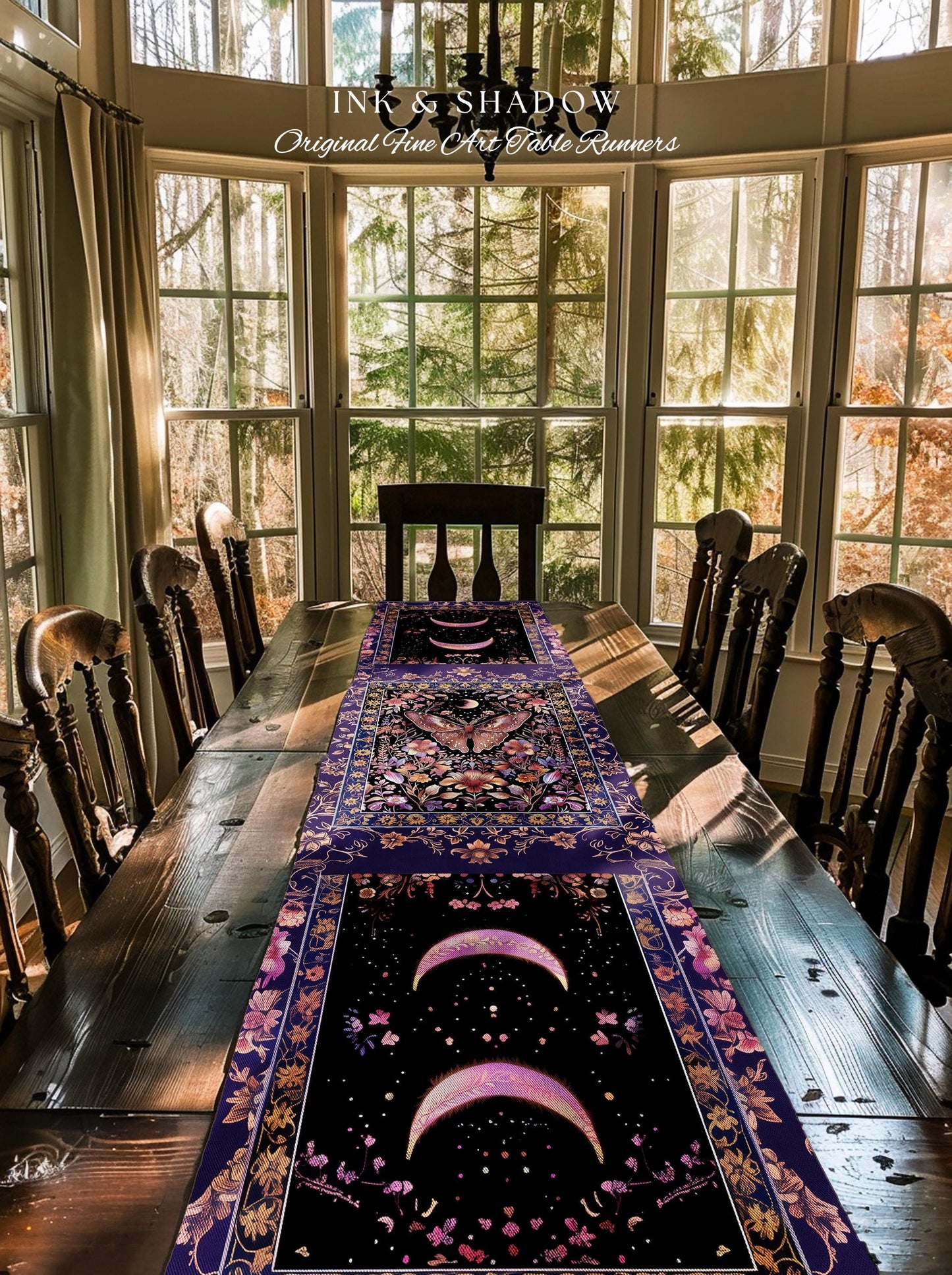 Witchy Botanical Moth Table Runner Whimsigothic Purple Floral Fairycore Aesthetic | Goth Cottagecore Butterfly Celestial Whimsy Dining Room