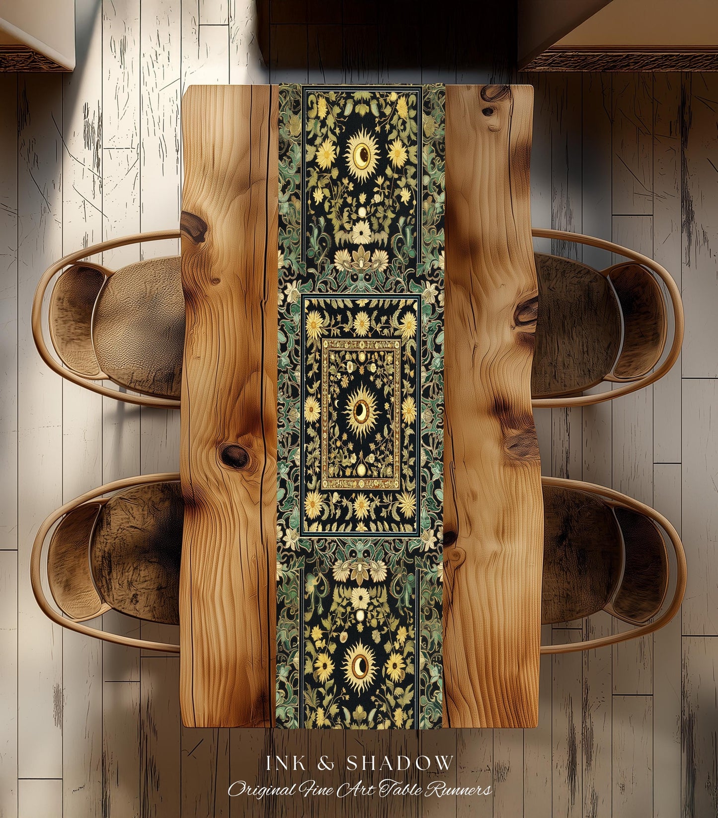 Earthy Spiritual Sun Table Runner | Hippie Gothic Botanical Ethereal Mystic Dining Room Whimsical Celestial Tarot Aesthetic Astrology Decor