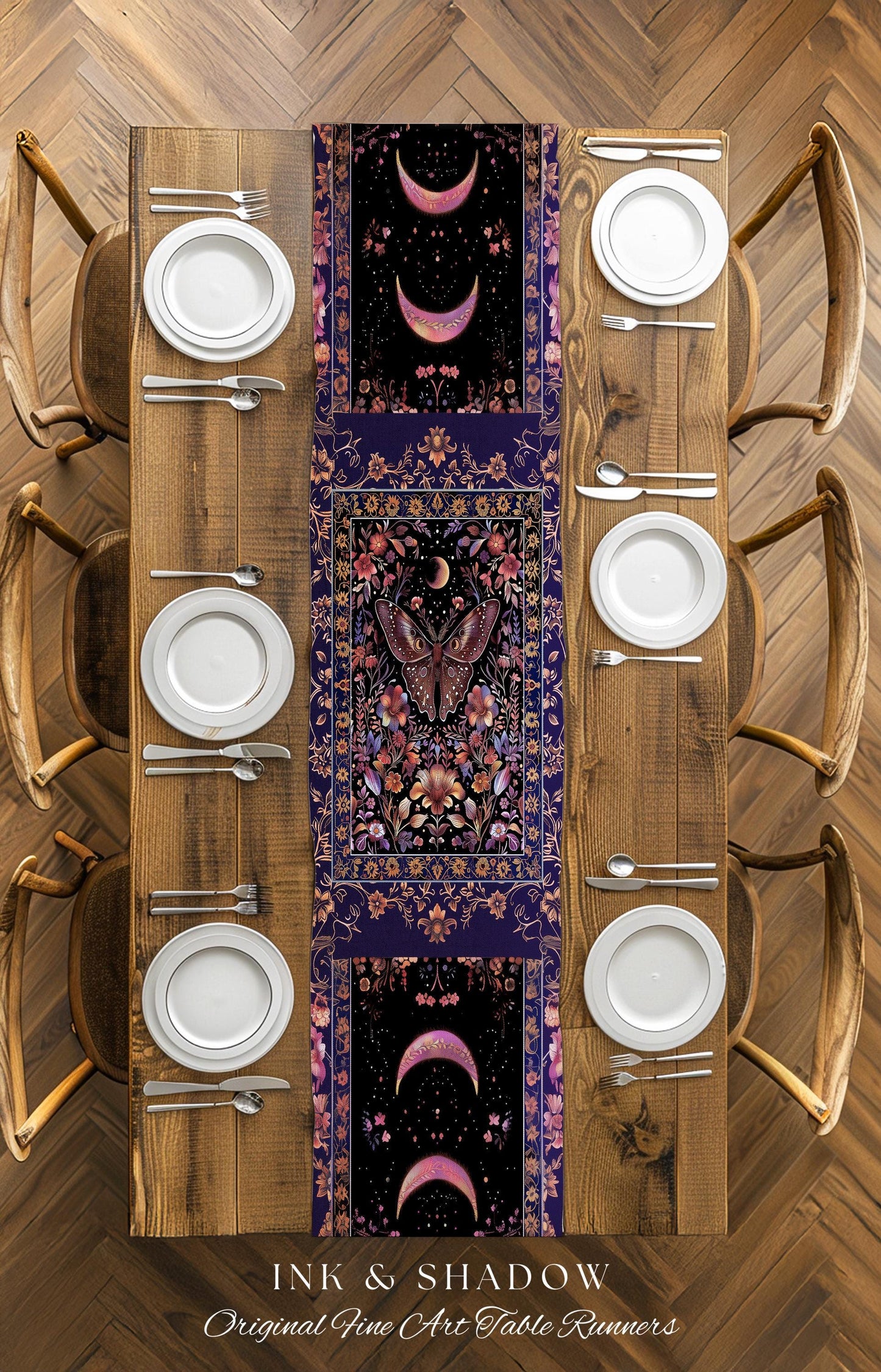 Witchy Botanical Moth Table Runner Whimsigothic Purple Floral Fairycore Aesthetic | Goth Cottagecore Butterfly Celestial Whimsy Dining Room