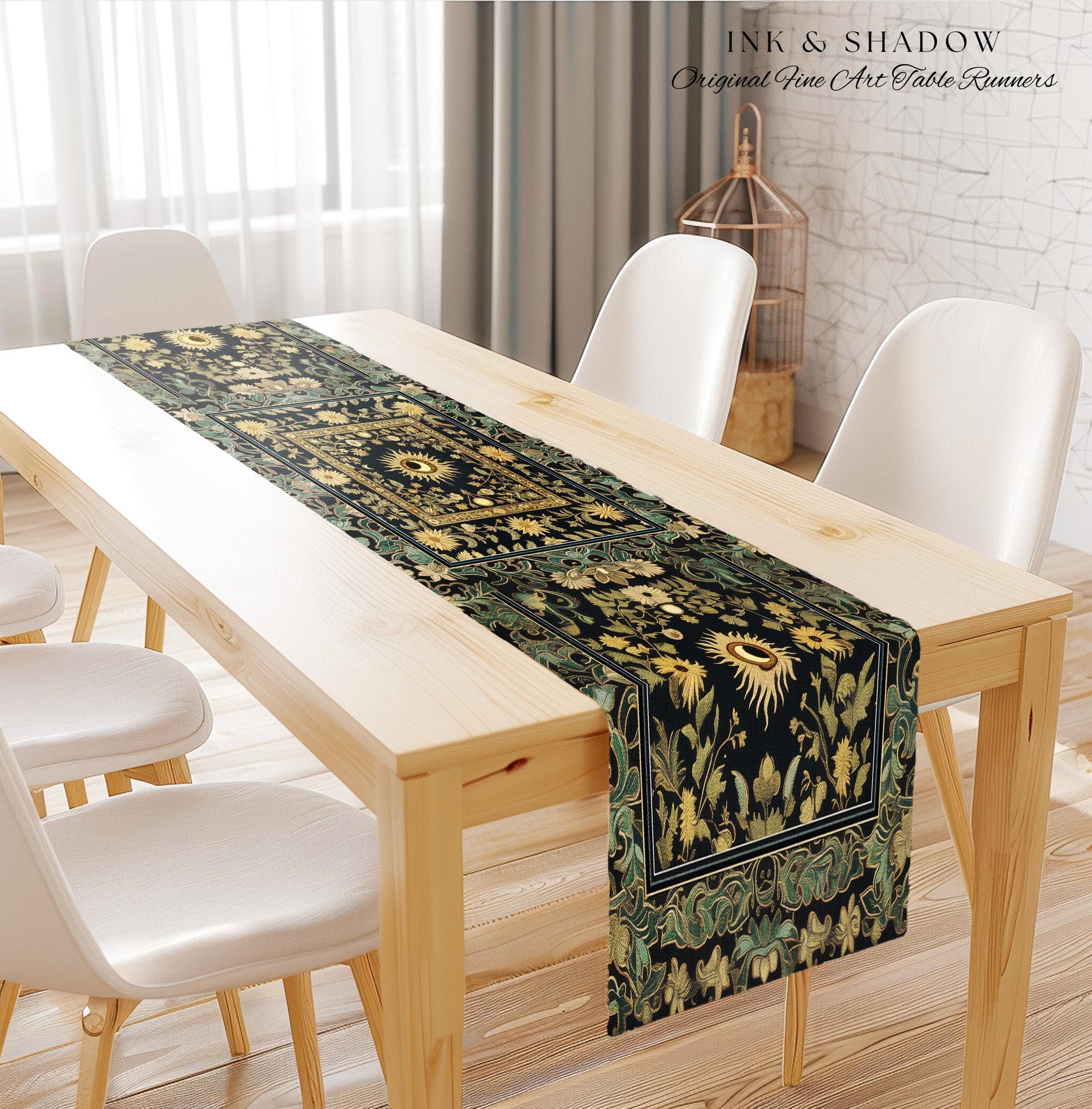 Earthy Spiritual Sun Table Runner | Hippie Gothic Botanical Ethereal Mystic Dining Room Whimsical Celestial Tarot Aesthetic Astrology Decor
