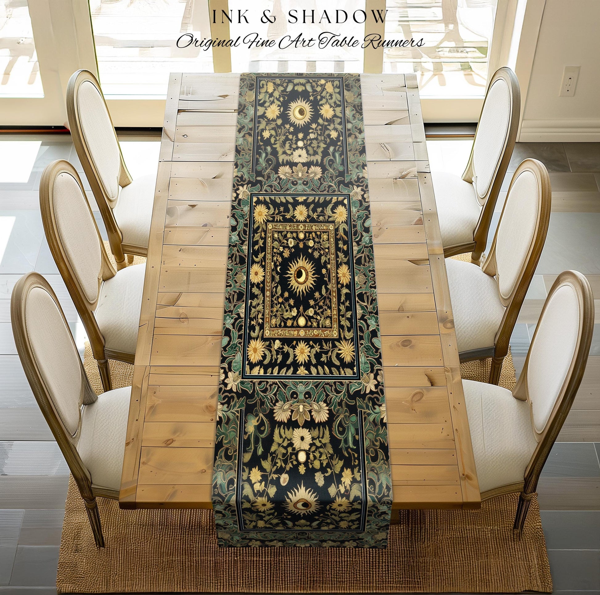 Earthy Spiritual Sun Table Runner | Hippie Gothic Botanical Ethereal Mystic Dining Room Whimsical Celestial Tarot Aesthetic Astrology Decor