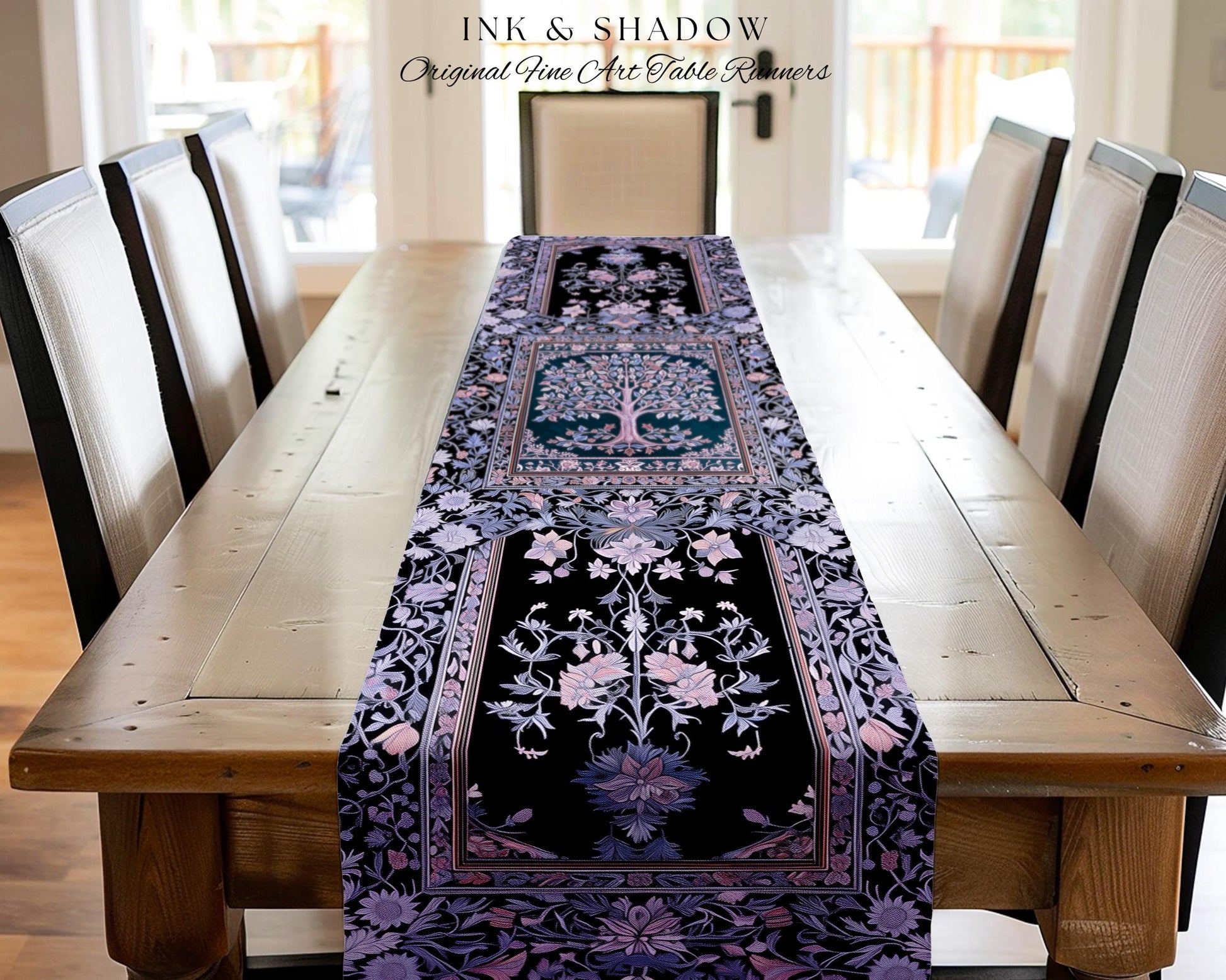 Whimsical Lavender Tree of Life Table Runner | Pastel Botanical Theme Romantic Cottagecore Decor Medieval Gothic Style Vintage Folk Art |
