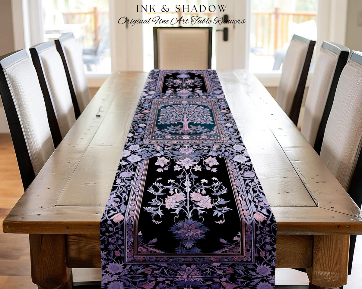 Whimsical Lavender Tree of Life Table Runner | Pastel Botanical Theme Romantic Cottagecore Decor Medieval Gothic Style Vintage Folk Art |