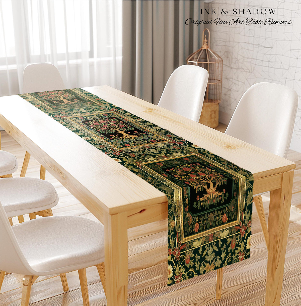 Floral Victorian Garden Tree Table Runner | Baroque Floral Design Folk Art Inspired Medieval Botanical Dining Romantic Rococo Cottagecore |