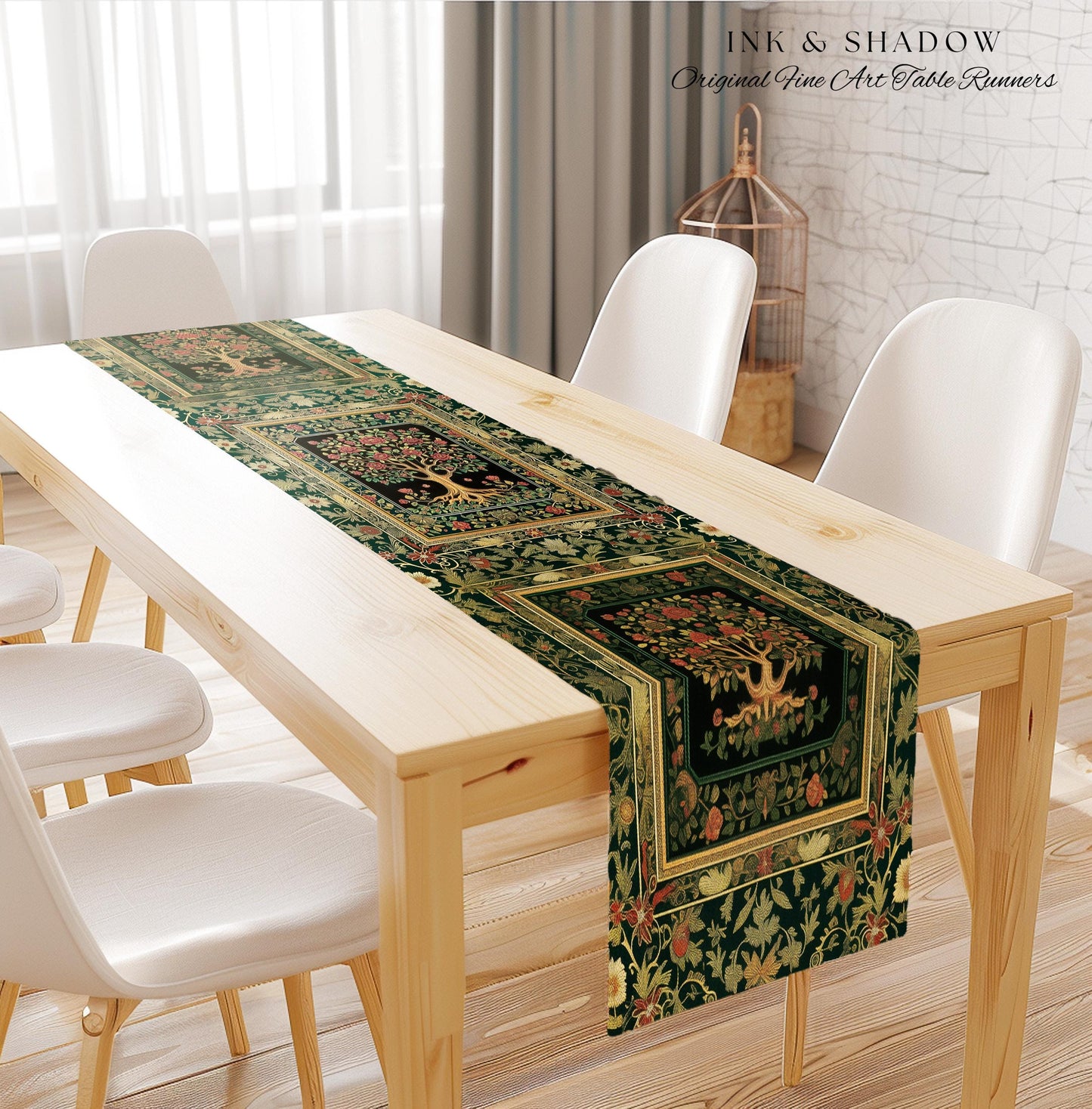 Floral Victorian Garden Tree Table Runner | Baroque Floral Design Folk Art Inspired Medieval Botanical Dining Romantic Rococo Cottagecore |