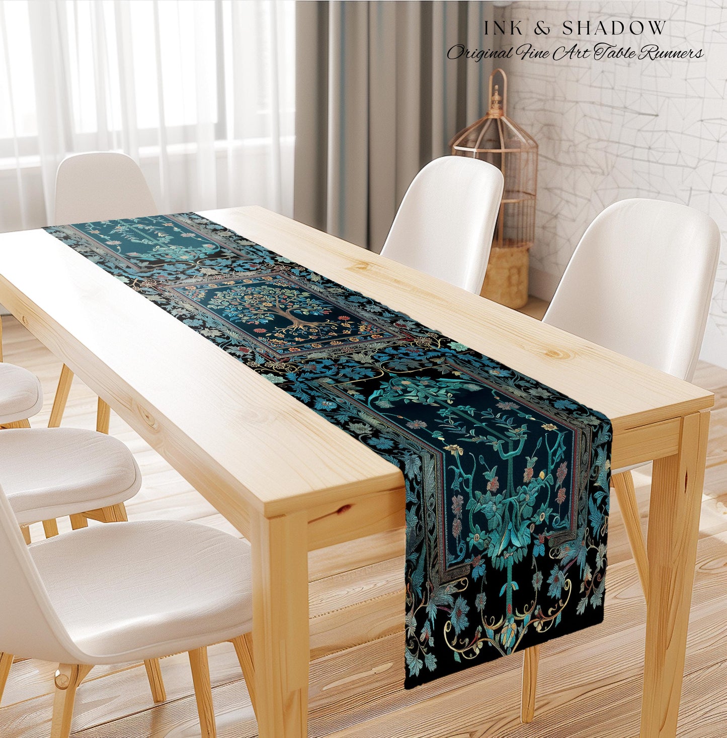 Moody Gothic Blues Tree of Life Table Runner | Mystical Garden Theme Vintage Floral Decor Romantic Folk Art Forestcore Maximalist Style |
