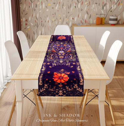 Enchanted Fall Pumpkin Whimsical Floral Table Runner | Dark Cottagecore Moody Botanical Art Purple Halloween Whimsigothic Fairycore Decor |