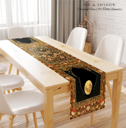 Vintage Floral Woodland Gothic Moth Moon Celestial Table Runner Rustic Country Cottage, Mystic Fairycore Shabby Chic Butterfly Cottagecore