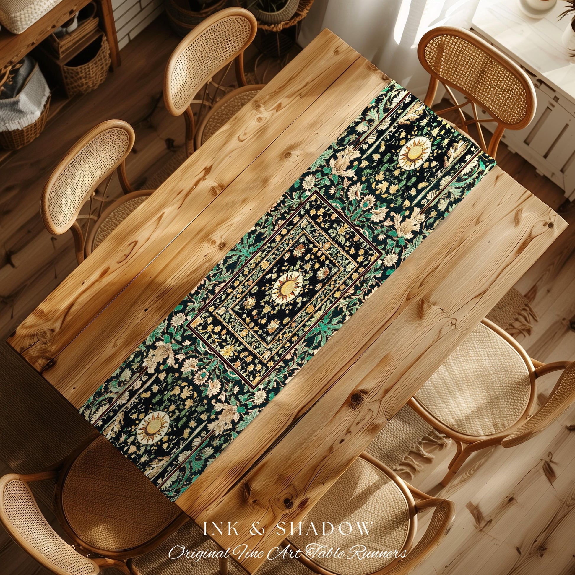 Witchy Sun Dark Academia Table Runner | Bohemian Rustic Whimsical Gothic Maximalist Dining Table Whimsical Celestial Astrology Aesthetic |
