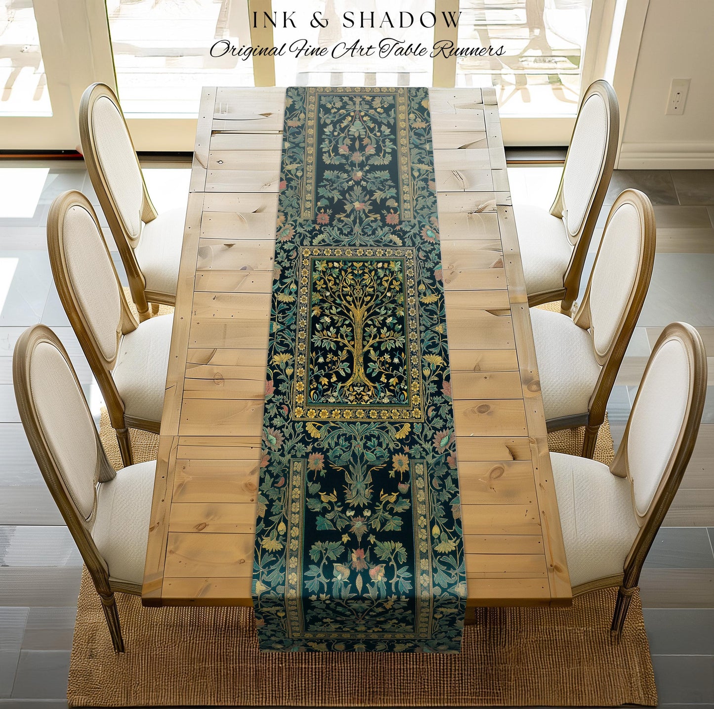 Elegant Cool Toned Tree Table Runner | Enchanted Bohemian Decor Ornate Botanical Accent Romantic Maximalist Gothic Style Dining Room Boho |
