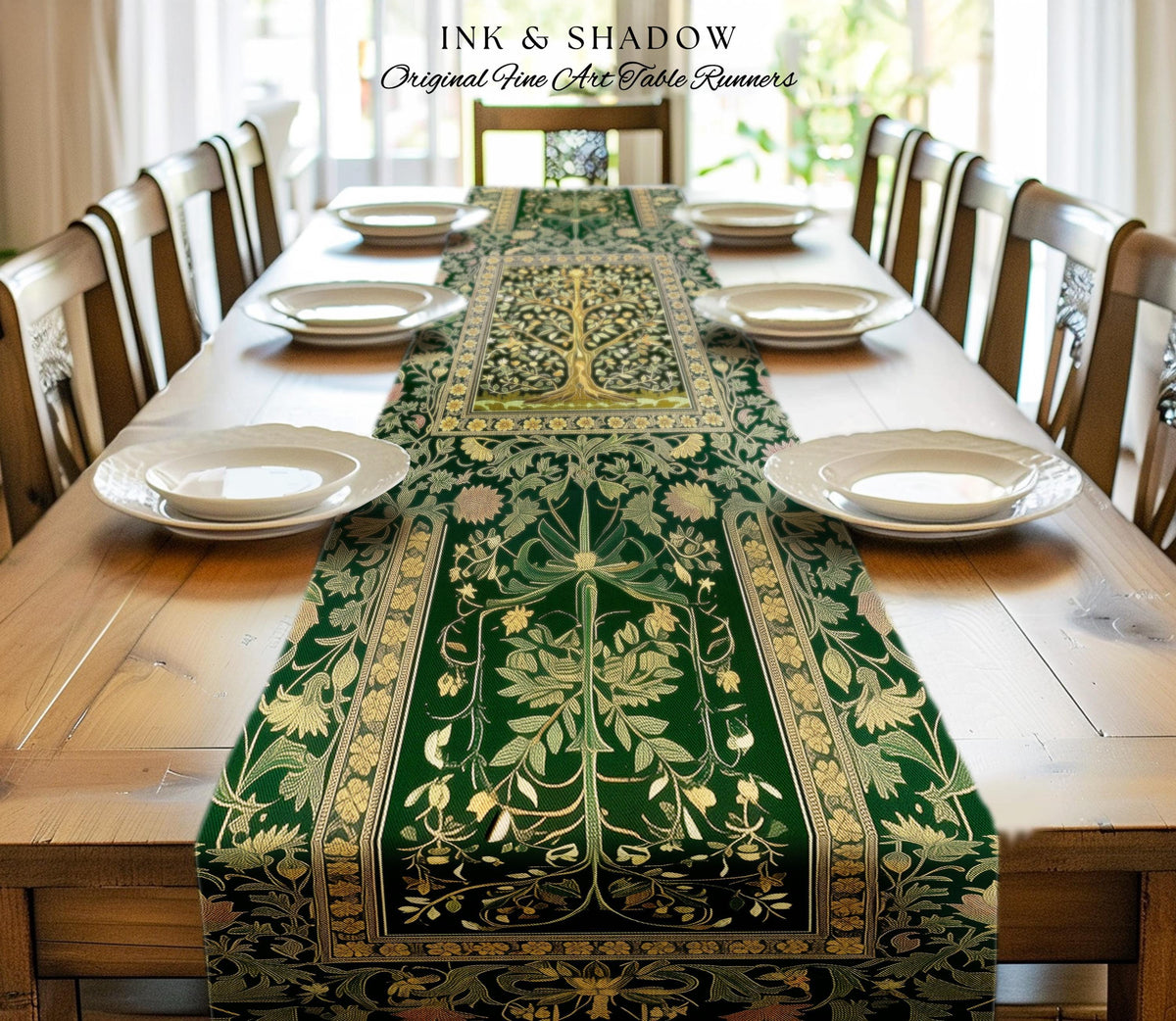 Golden Aesthetic Tree of Life Table Runner | Emerald Botanical Decor Romantic Folklore Gothic Vintage Floral Maximalist Dining Room Accent |