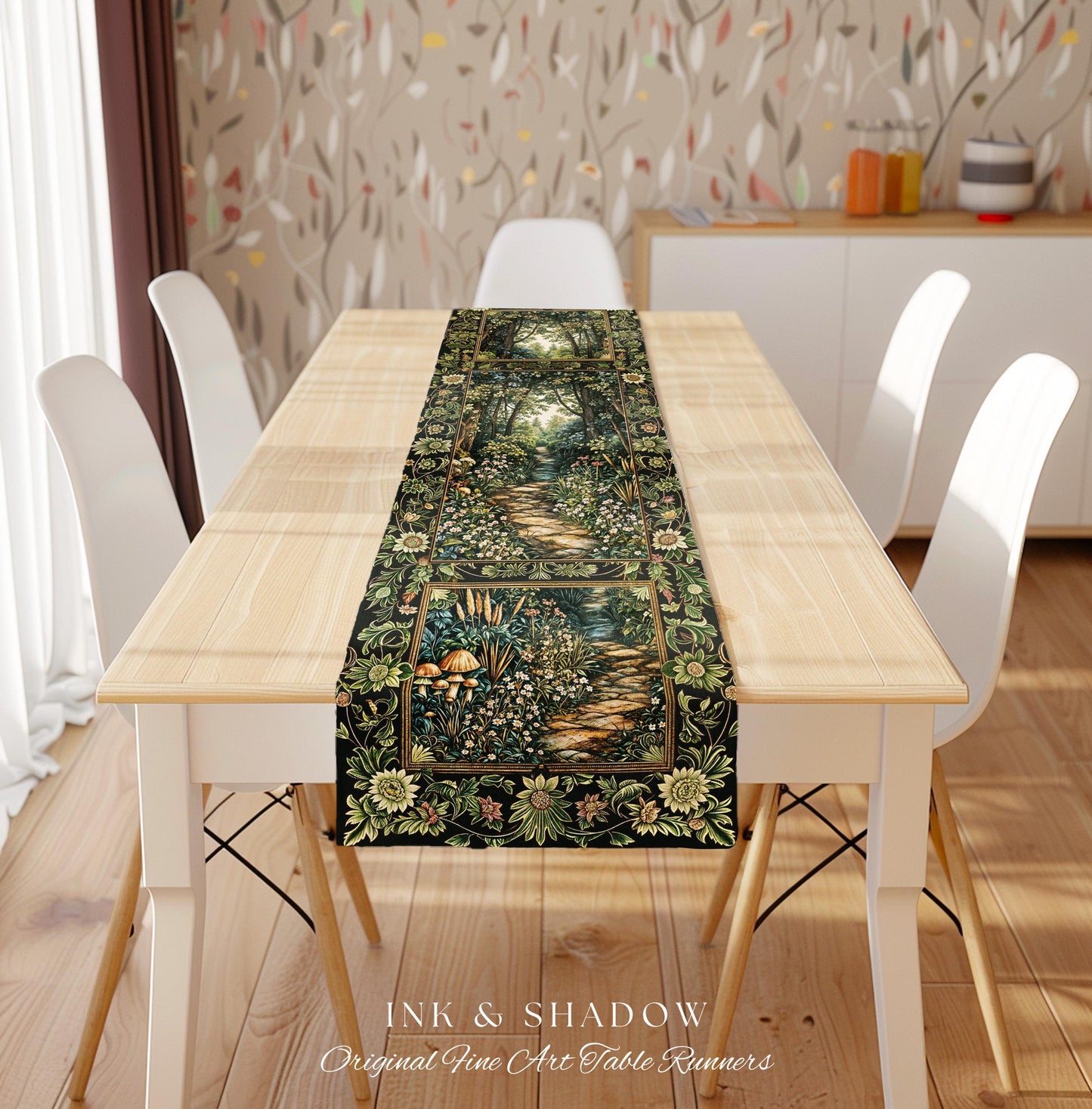 Fairy Meadow Mushroom Forest Table Runner Mystic Academia Folklore Inspired, Fairycore Woodland Gothic Whimsical Medieval Dining Room Decor