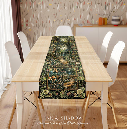 Fairy Meadow Mushroom Forest Table Runner Mystic Academia Folklore Inspired, Fairycore Woodland Gothic Whimsical Medieval Dining Room Decor