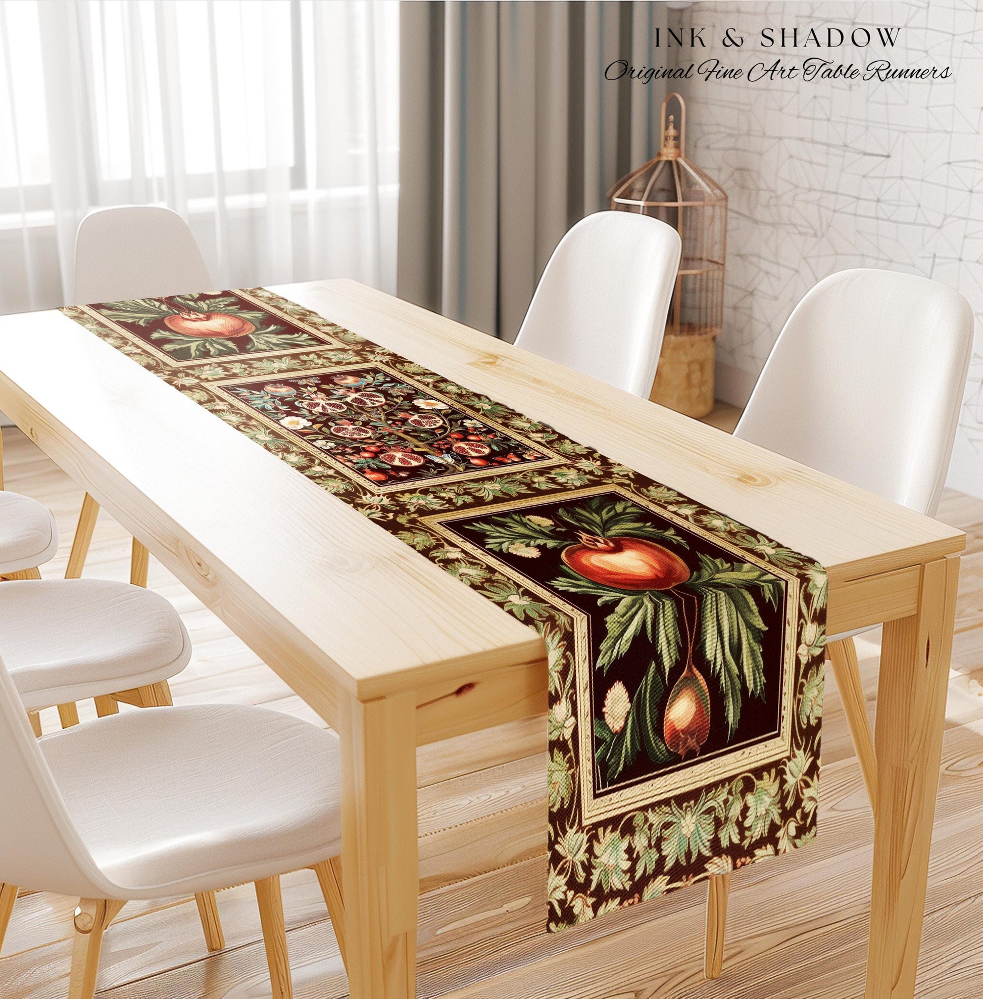 Antique Aesthetic Pomegranate Enchanted Garden Table Runner | Dark Cottagecore Gothic Woodland Whimsy Floral Butterfly Moth Decor Witchy