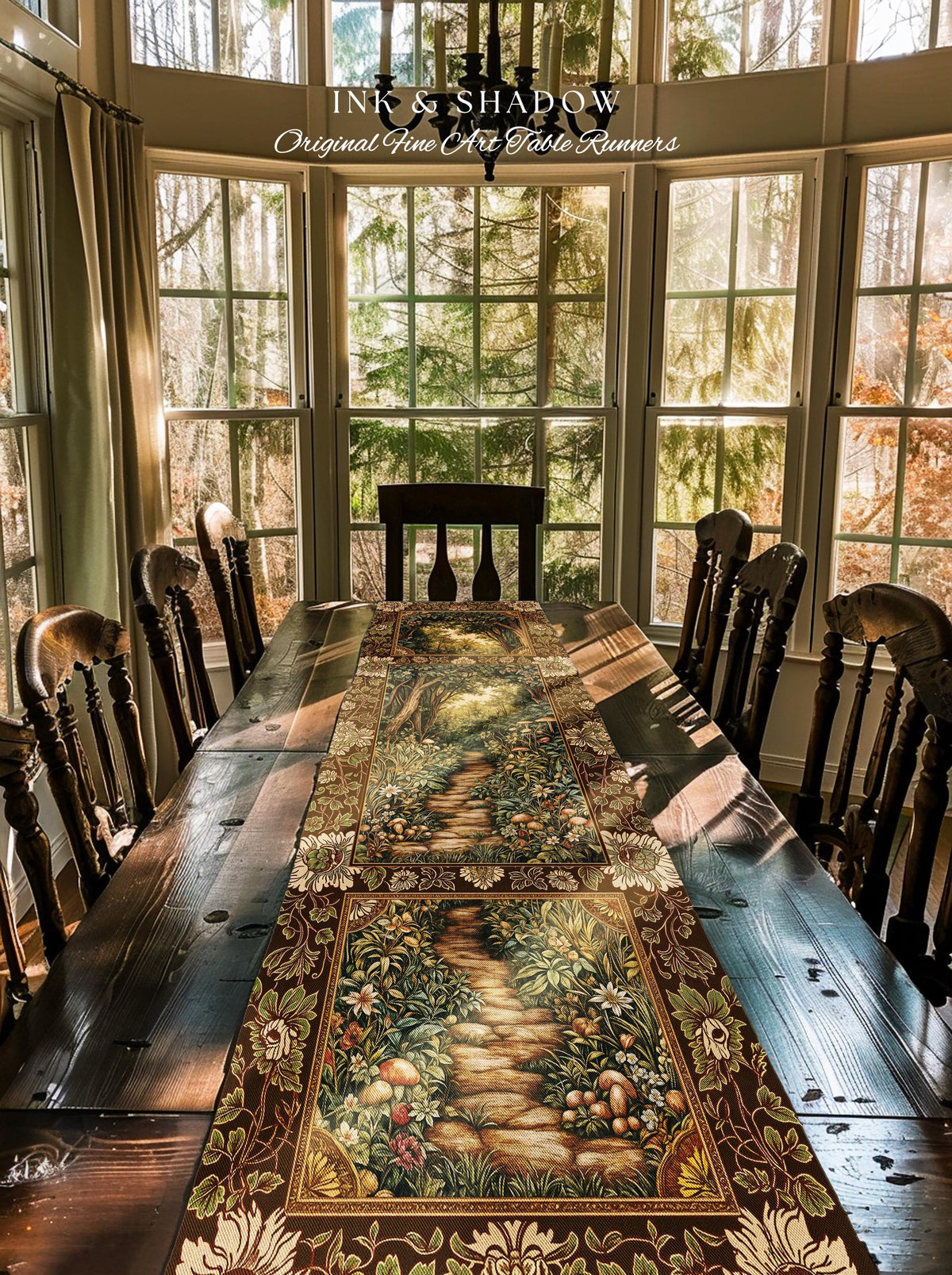 Mushroom Forest Magical Woodland Table Runner Ethereal Mystic Academia Vintage Folklore Art Forest Fairycore Whimsigoth Medieval Dining Room