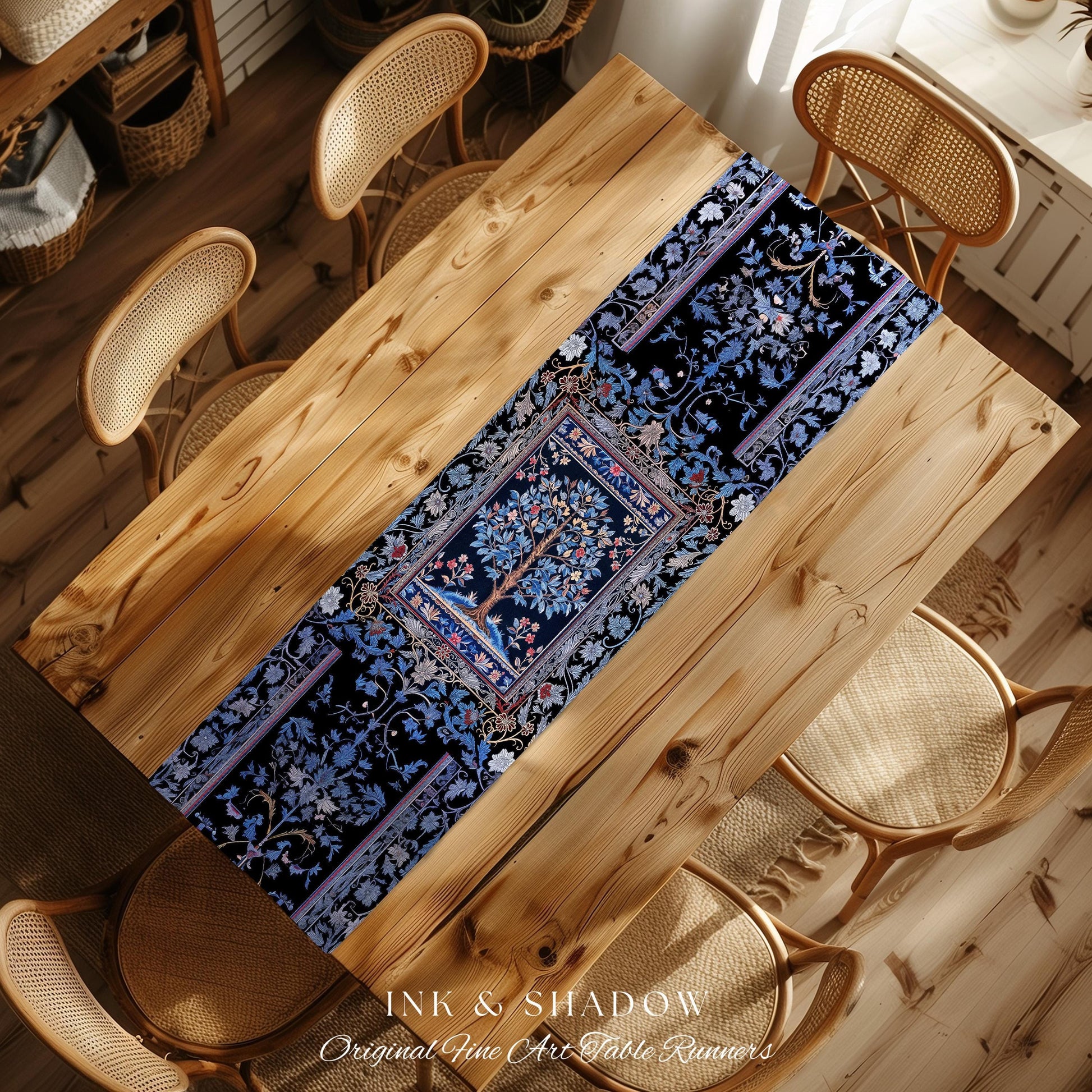 Dark Woodland Rich Baroque Tree of Life Table Runner | Intricate Garden Decor Romantic Baroque Floral Morris Inspired Woodland Folk Art |