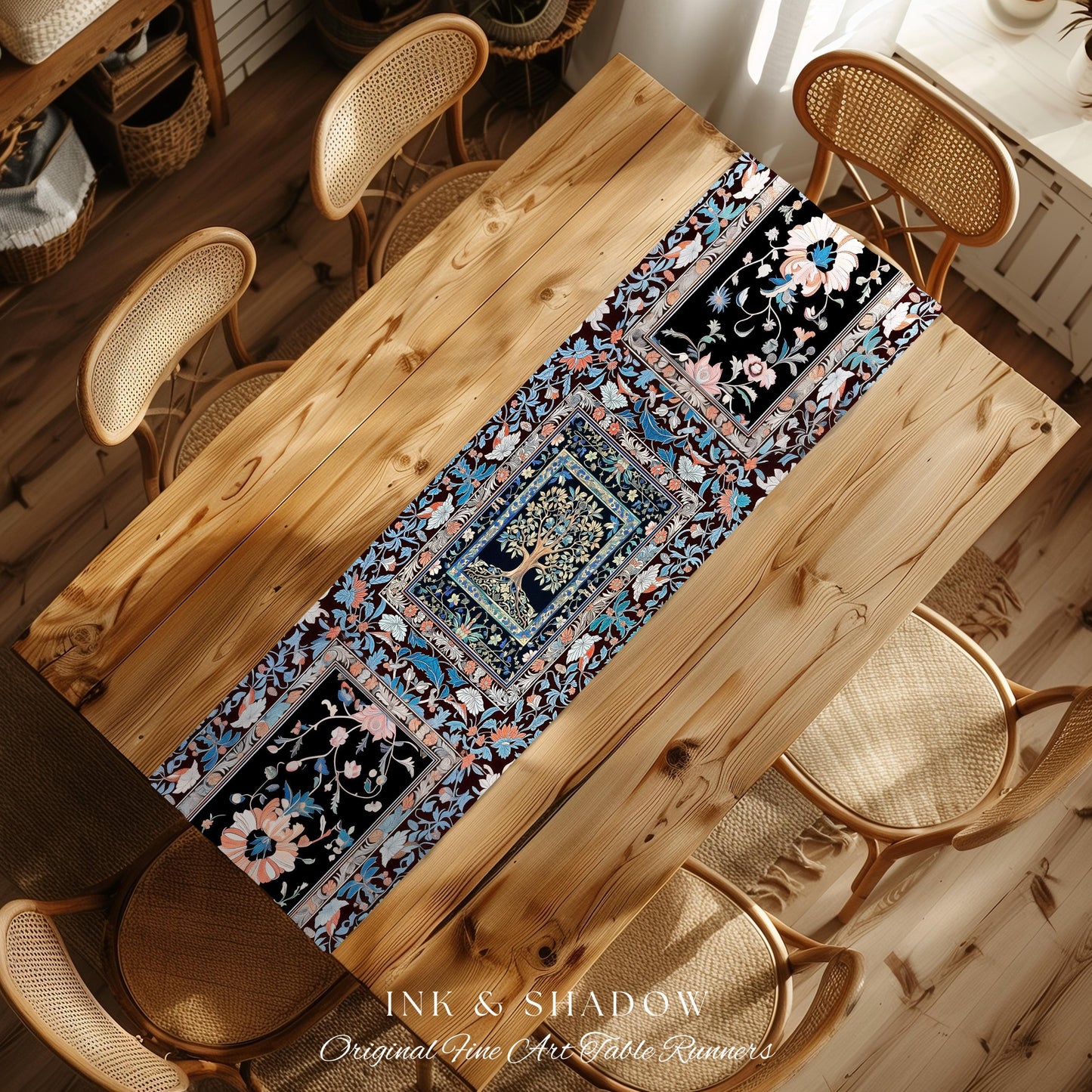 Indie Eclectic Medieval Tree of Life Table Runner | Baroque Botanical Maximalist Floral Decor Folklore Inspired Design Cottagecore Purple |