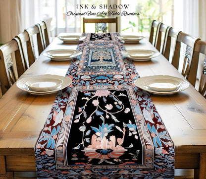 Indie Eclectic Medieval Tree of Life Table Runner | Baroque Botanical Maximalist Floral Decor Folklore Inspired Design Cottagecore Purple |