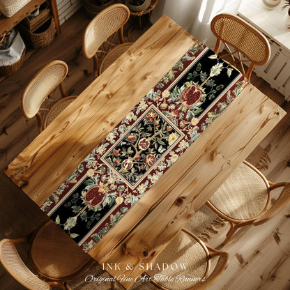 Floral Whimsigoth Vintage Pomegranate Art Nature Table Runner Cottagegoth Botanical Baroque Elegance, Medieval Style Forestcore Dining Room