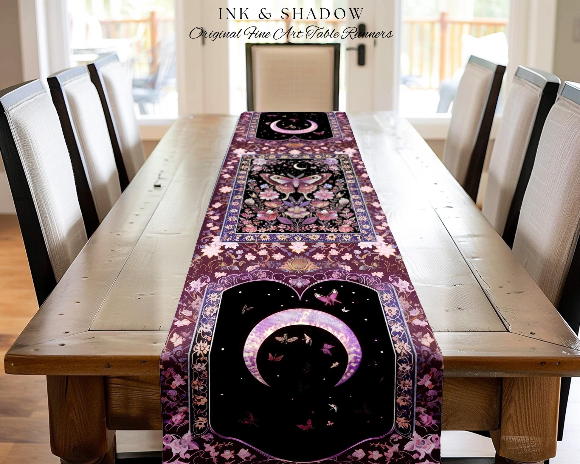Purple Moth Celestial Table Runner Boho Fairycore Dark Floral Decor | Enchanted Goth Cottagecore Butterfly Lovers Moth Moon Whimsical Altar